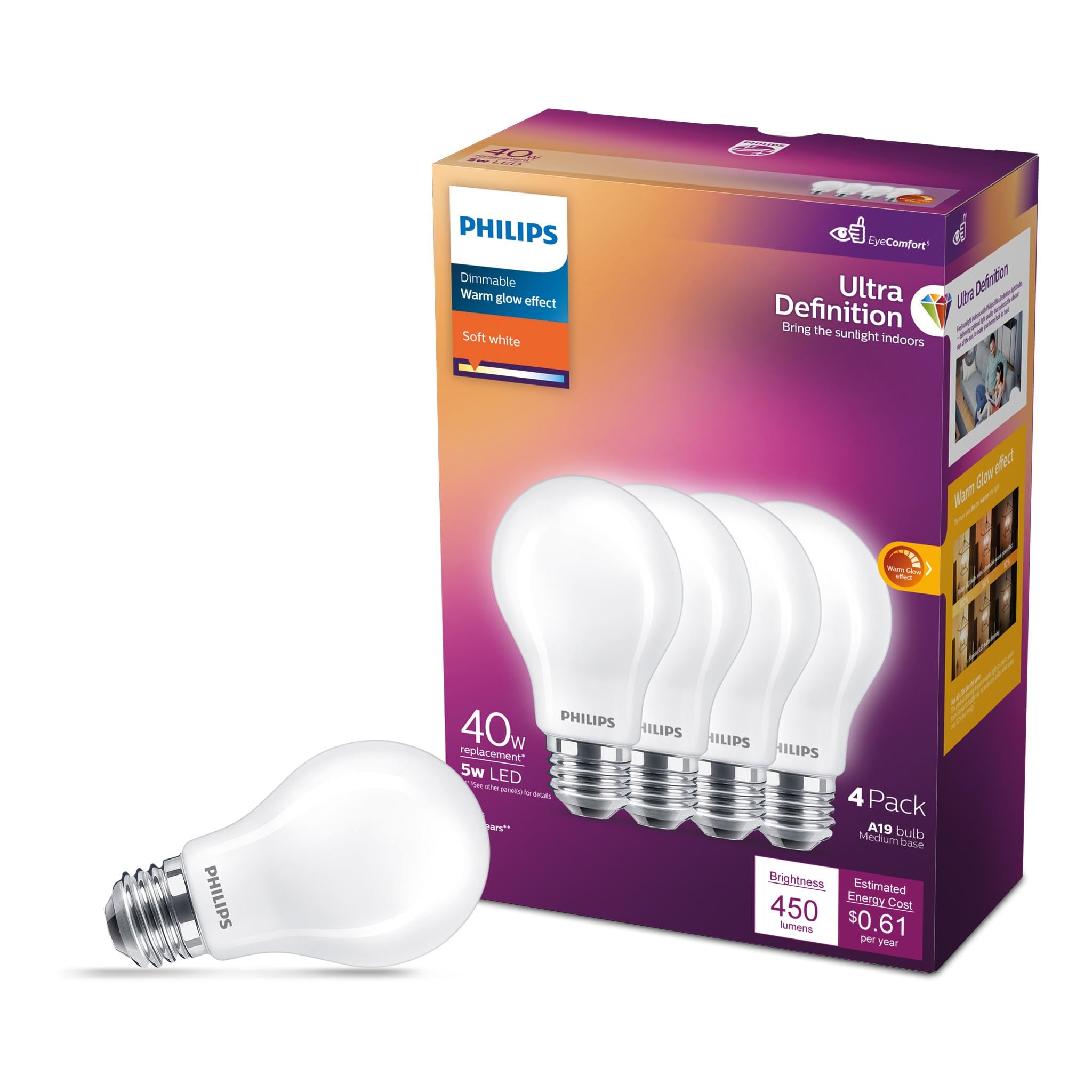 Philips LED Flicker-Free Frosted Dimmable A19 Light Bulb - EyeComfort Technology - 450 Lumen - Soft White (2700K) - 5W=40W - E26 Base - Title 20 Certified - Ultra Definition - Indoor - 4-Pack-image-26