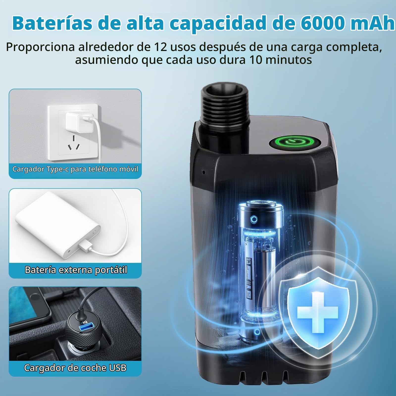 Ducha portátil para camping, 6000 mAh recargable al aire libre con pantalla LED, bomba de ducha portátil impermeable IPX7 y cabezal de ducha para senderismo, viajes, RV, coche, baño de