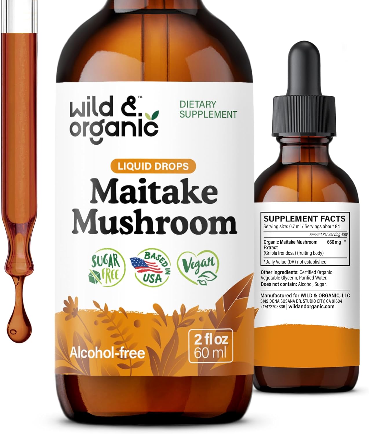 Wild & Organic Maitake Mushroom Drops - Liquid Mushroom Supplement for Immune Support - Maitake Extract Tincture - Vegan, Sugar & Alcohol-Free - 2 fl oz