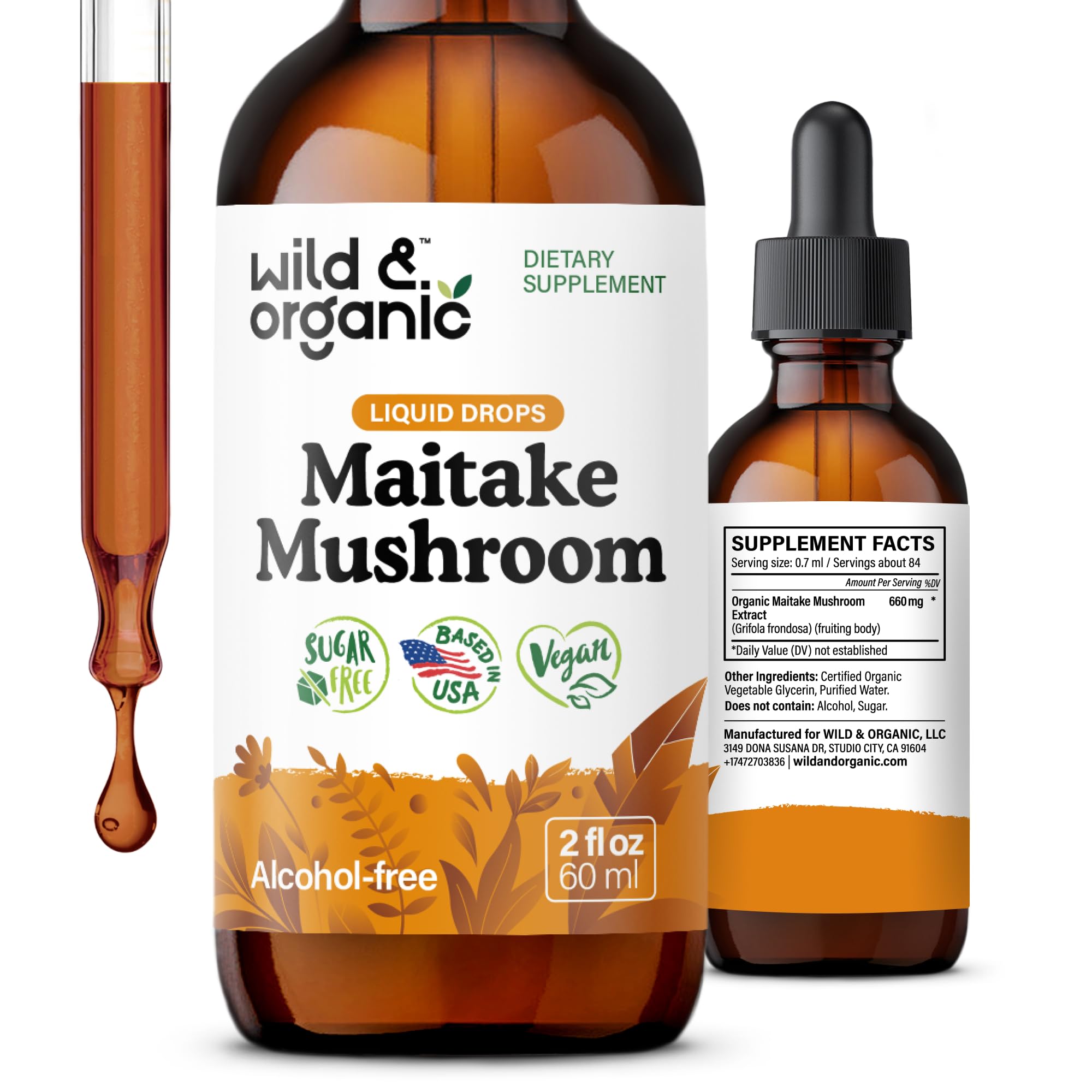 Wild & Organic Maitake Mushroom Drops - Liquid Mushroom Supplement for Immune Support - Maitake Extract Tincture - Vegan, Sugar & Alcohol-Free - 2 fl oz