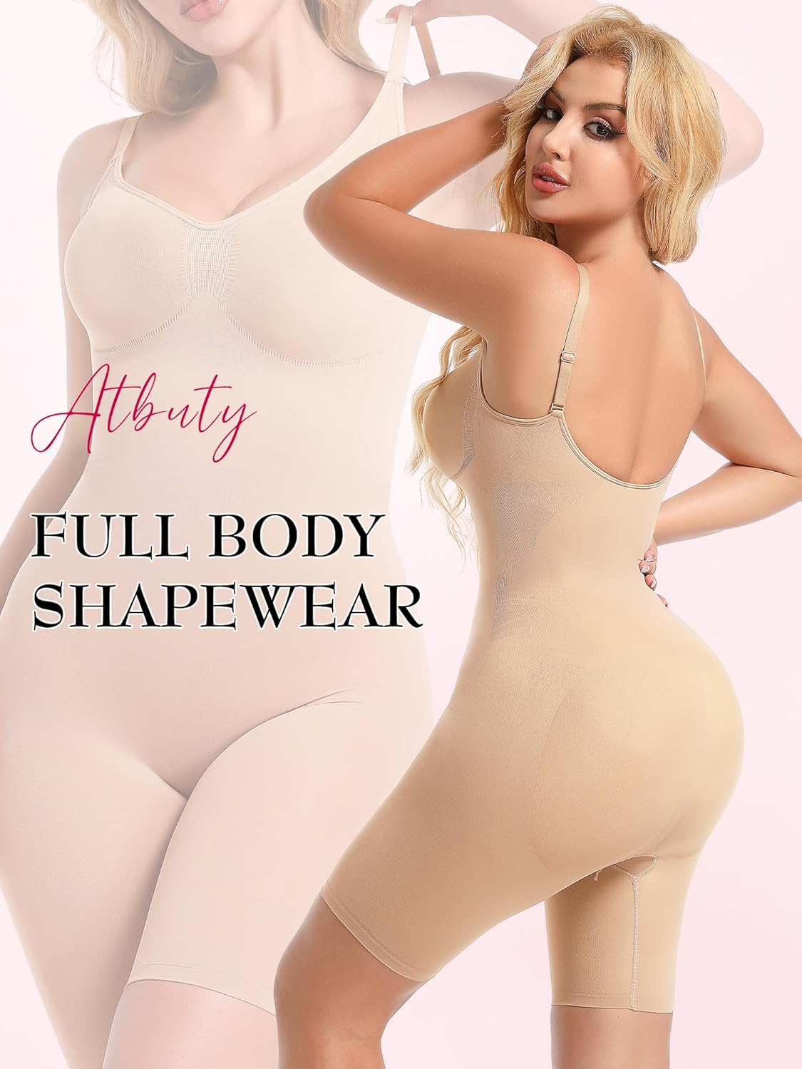 Atbuty Mid Thigh Bodysuit, Full Body Shapewear Short Torso for Women Tummy Control Petite Body Shaper - Image 3