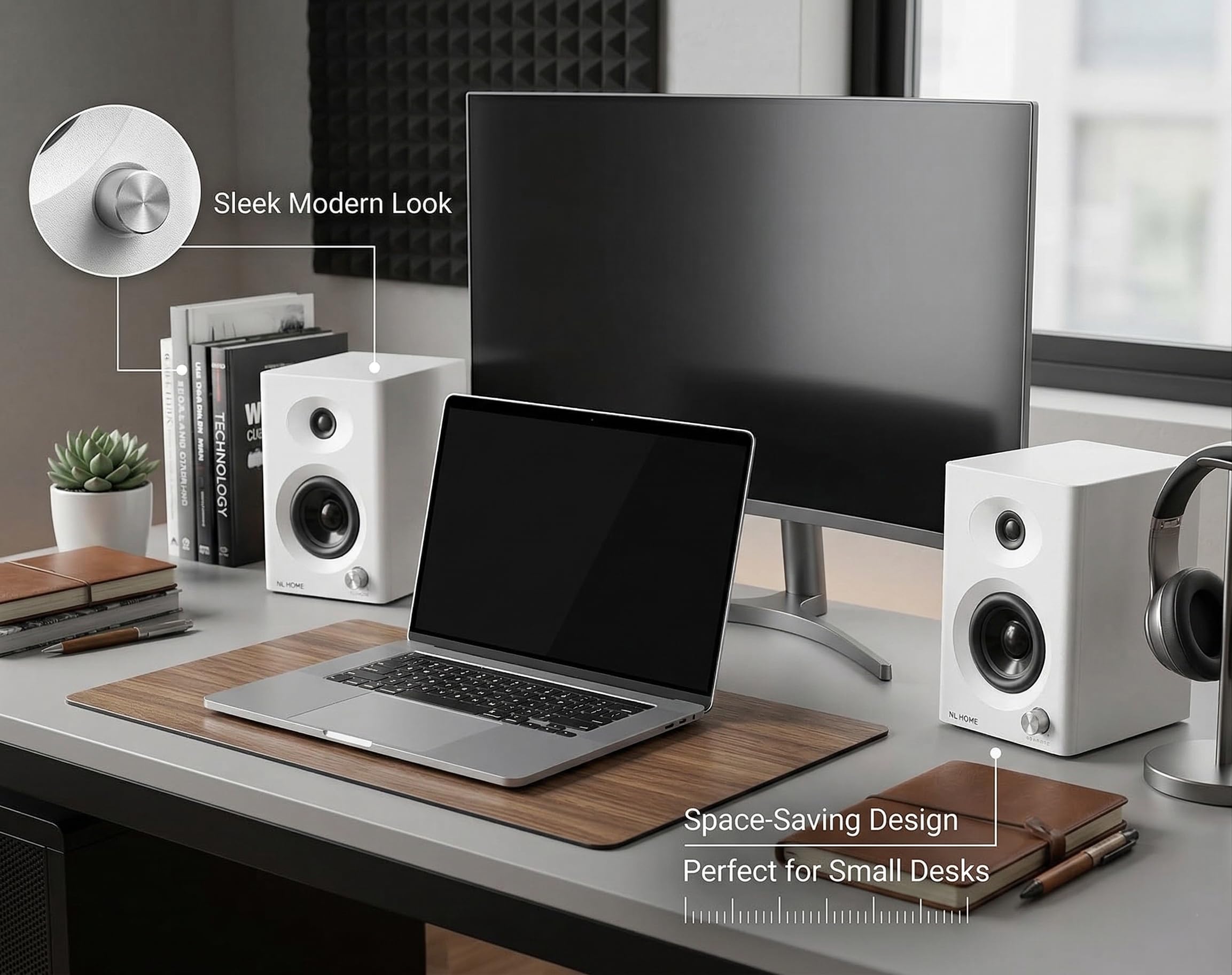 Haut-parleurs d'ordinateur Bluetooth 5.3 de 3 pouces pour PC avec son stéréo riche maximum de 60 W, entrées Aux-in/RCA, design compact pour jeux, bureau à domicile, studio, blanc