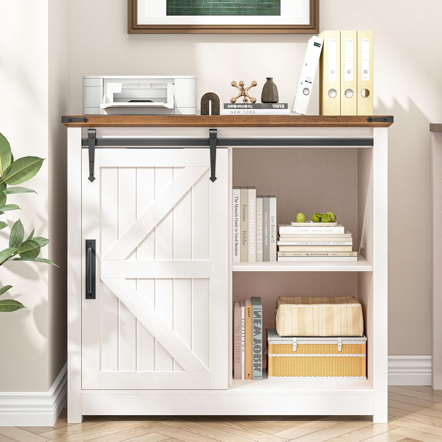 Sliding barn door open, revealing adjustable shelves