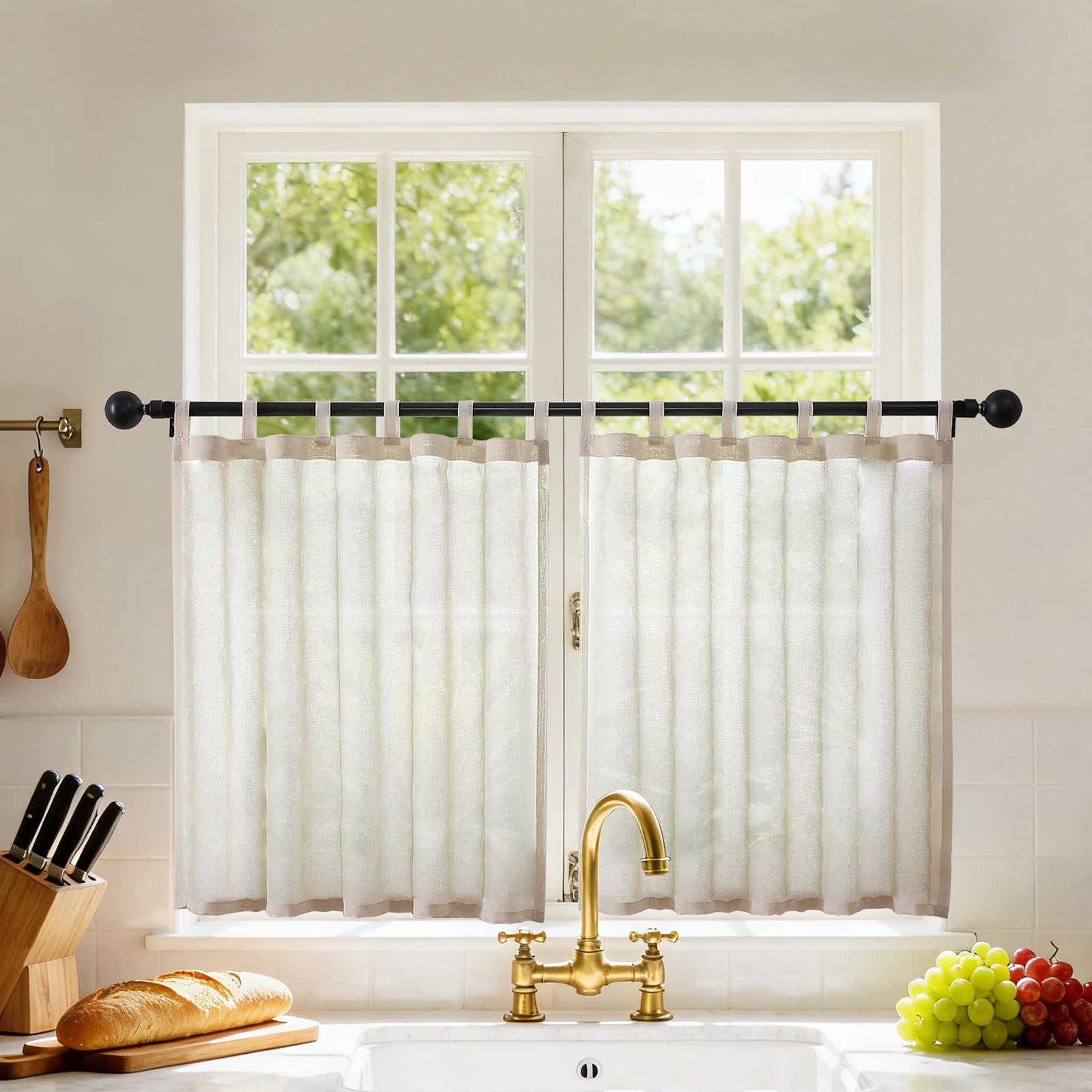 Joydeco Scheibengardinen Modern Leinenoptik Küchen Gardinen Vorhänge mit Schlaufen Voile Vorhang 2er Set H 60 x B 60 cm Transparente Küchengardinen Gardine Kurz für Wohnzimmer Wohnmobil Landhausstil