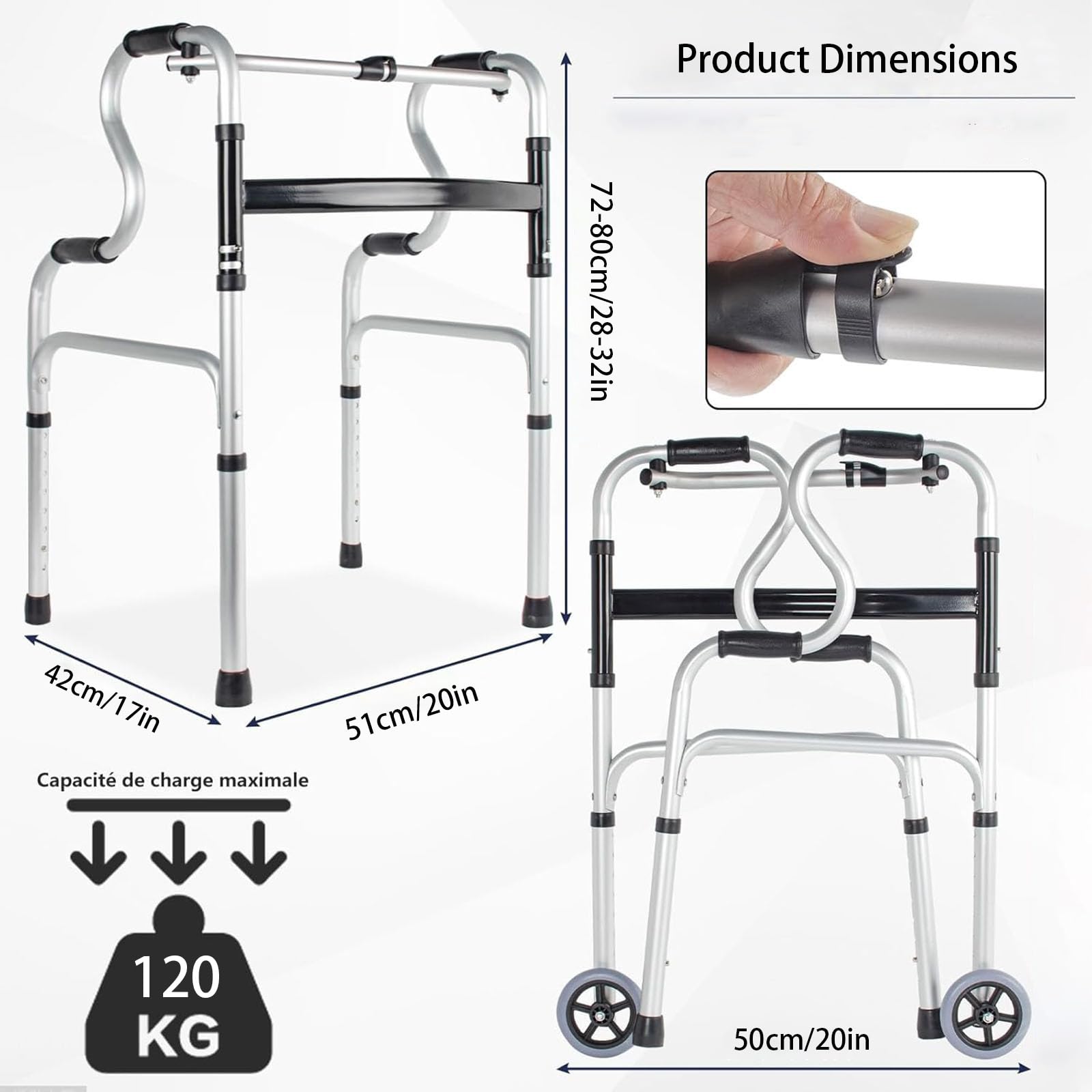 Andadores para Personas Mayores, andadores Verticales Ligeros, Andador Plegable con Asiento y Ruedas, 6 Niveles de Ajuste de Altura, Capacidad de Carga de 120 kg