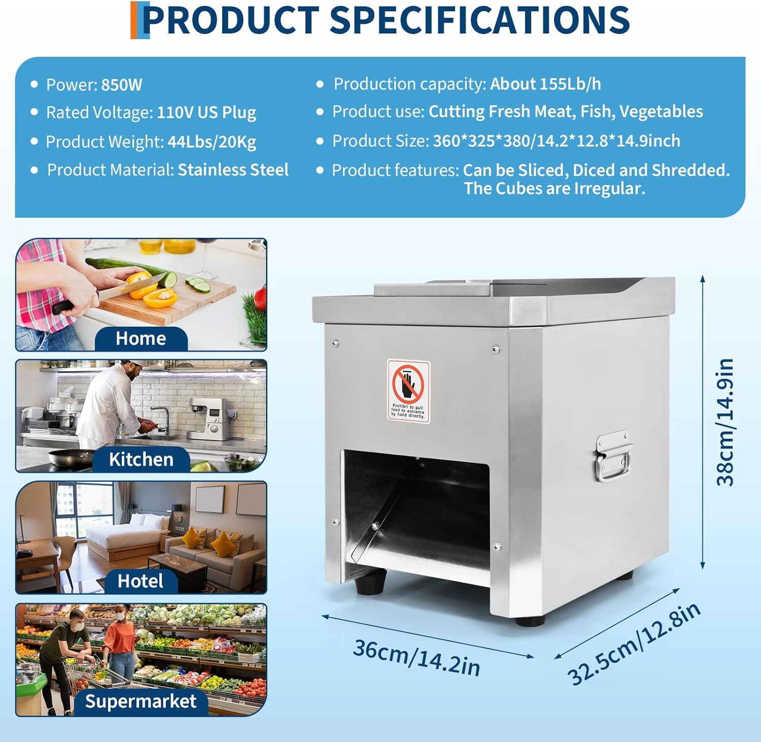 Meat Cutter Machine, 850W, 3 mm Thickness, 350 LB/h, Stainless Steel, Electric Food Cutting Slicer for Home Kitchen, Restaurant, Supermarket