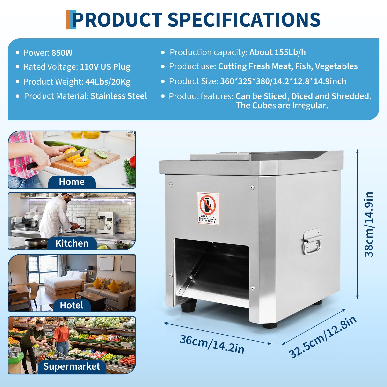 Meat Cutter Machine, 850W, 3mm Thickness, 350 Lb/h, Stainless Steel, Electric Food Cutting Slicer for Home Kitchen, Restaurant, Supermarket