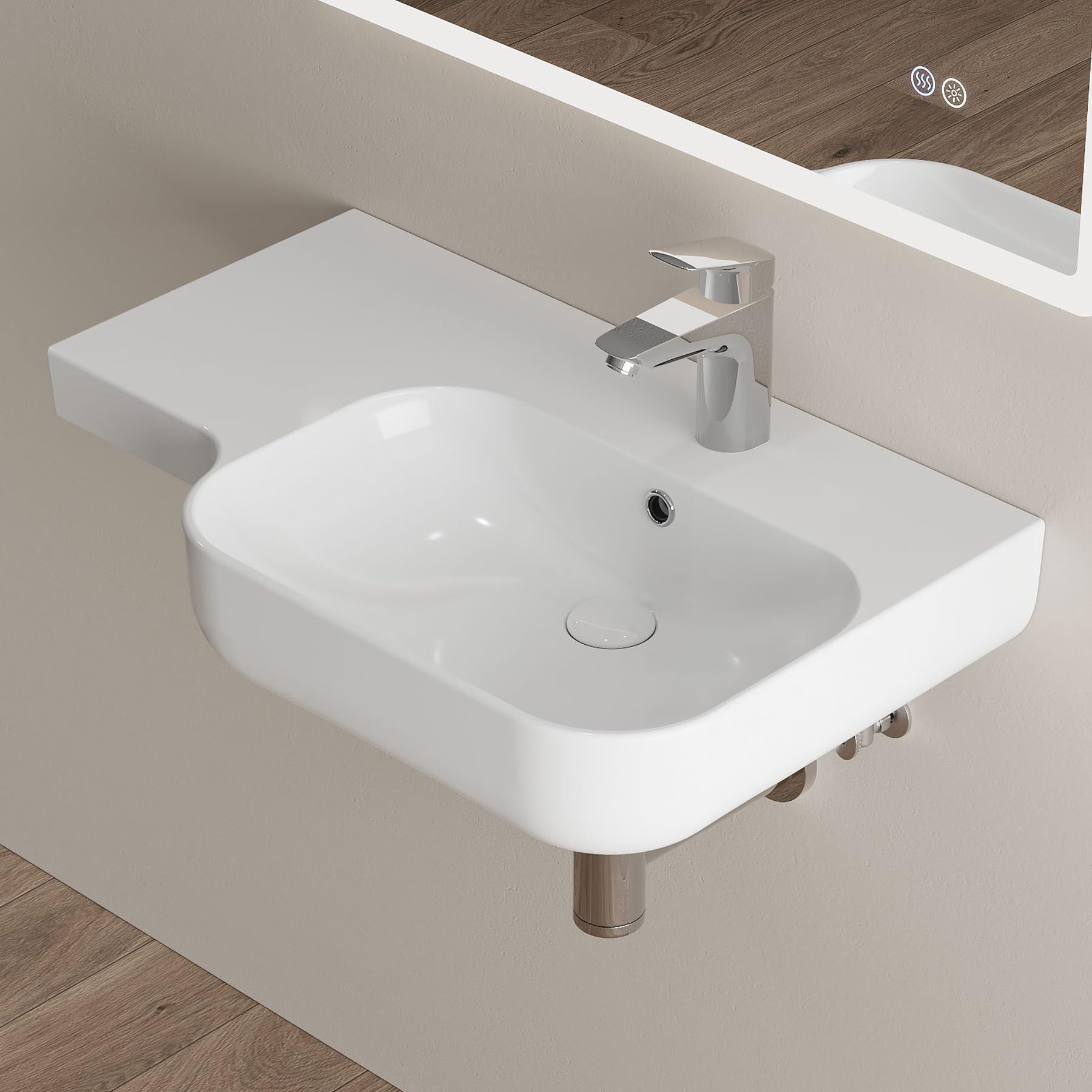 HOROW Waschbecken Bad Wandmontage mit Ablage 72x45 cm | Modernes Keramik Hängewaschbecken Waschtisch Bad für Badezimmer, Gäste WC & Garten, leicht zu reinigen