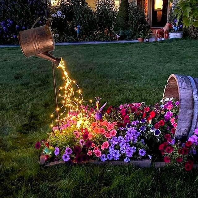 MZXI Solar Garden Light Outdoor, 35" Solar Powered Watering Can Decorative Lights with IP65 Waterproof Led String Fairy Lights, Star Shower Art Stake Lights with Bracket for Lawn Patio Yard Decor