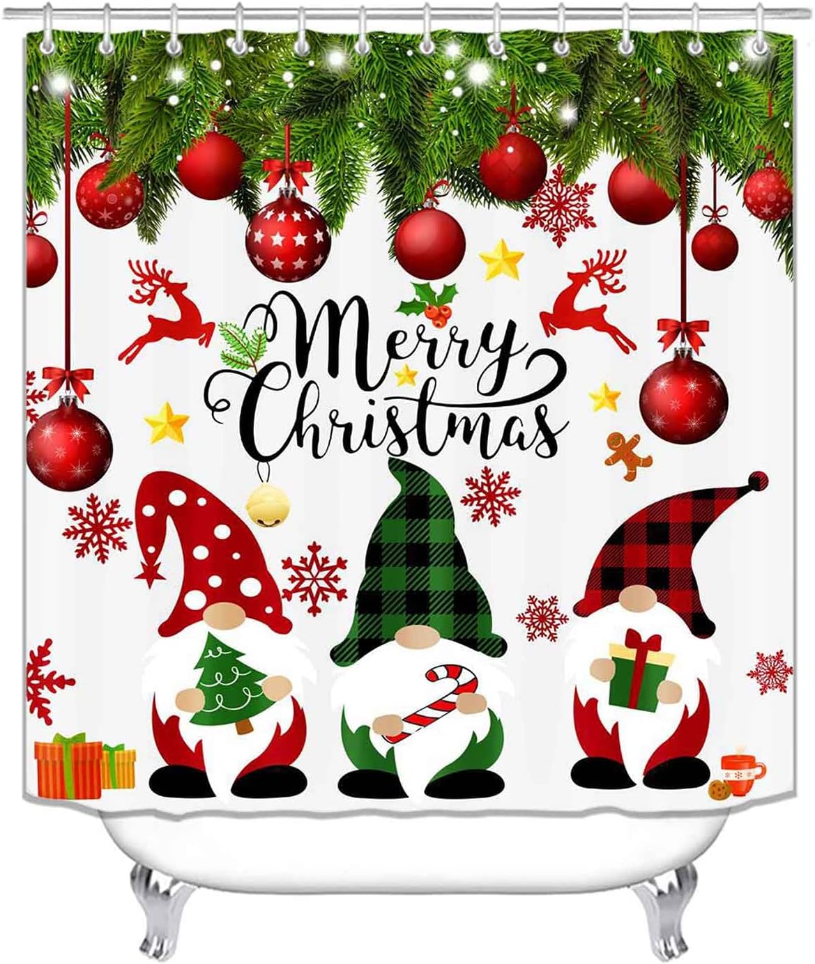 4PCS Cute Gnomes Christmas Shower Curtain Sets with Rugs, Waterproof Fabric Shower Curtain, Christmas Tree Ball Red Snowflake Xmas Gifts Reindeer Stars Winter New Year Gnomes Bathroom Decor