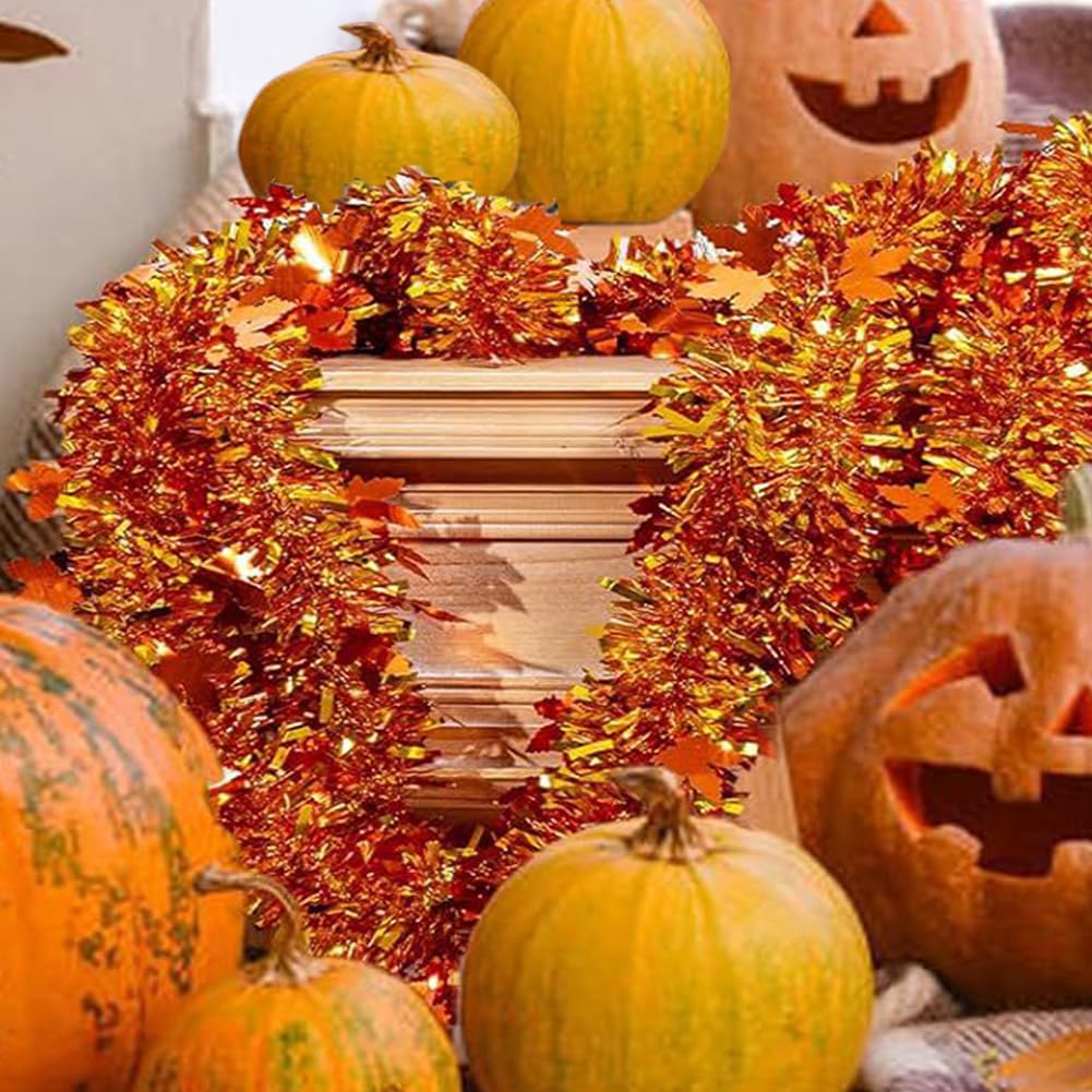 Guirnalda de oropel de Acción de Gracias – Guirnalda de otoño metálica brillante de 66 pies con purpurina para colgar decoraciones colgantes para fiestas de Acción de Gracias, suministros de