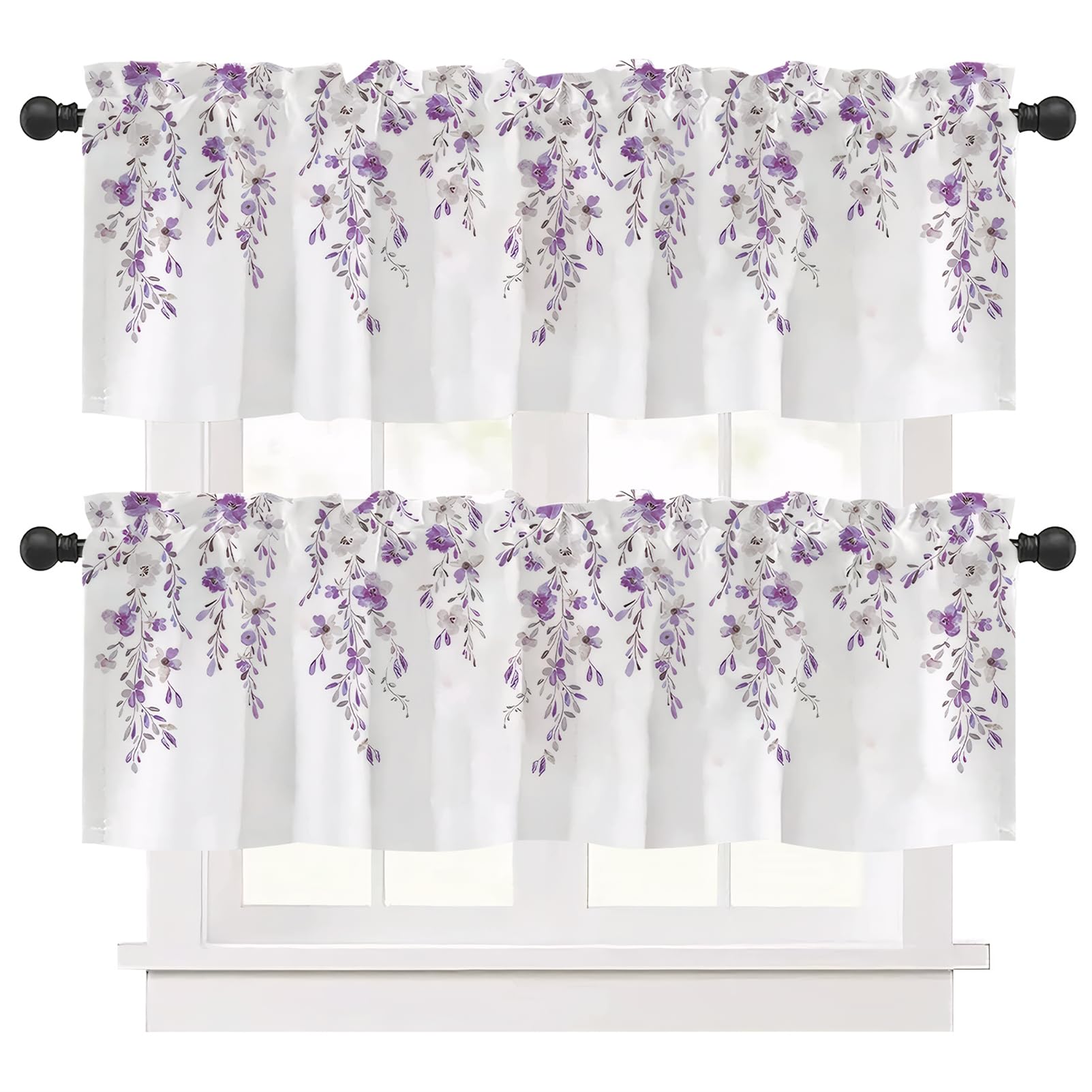 Ausing 2 Piece Flower Short Curtains Kitchen Panel Cafe Bistro Curtain Small Window Decoration, Purple — image 1