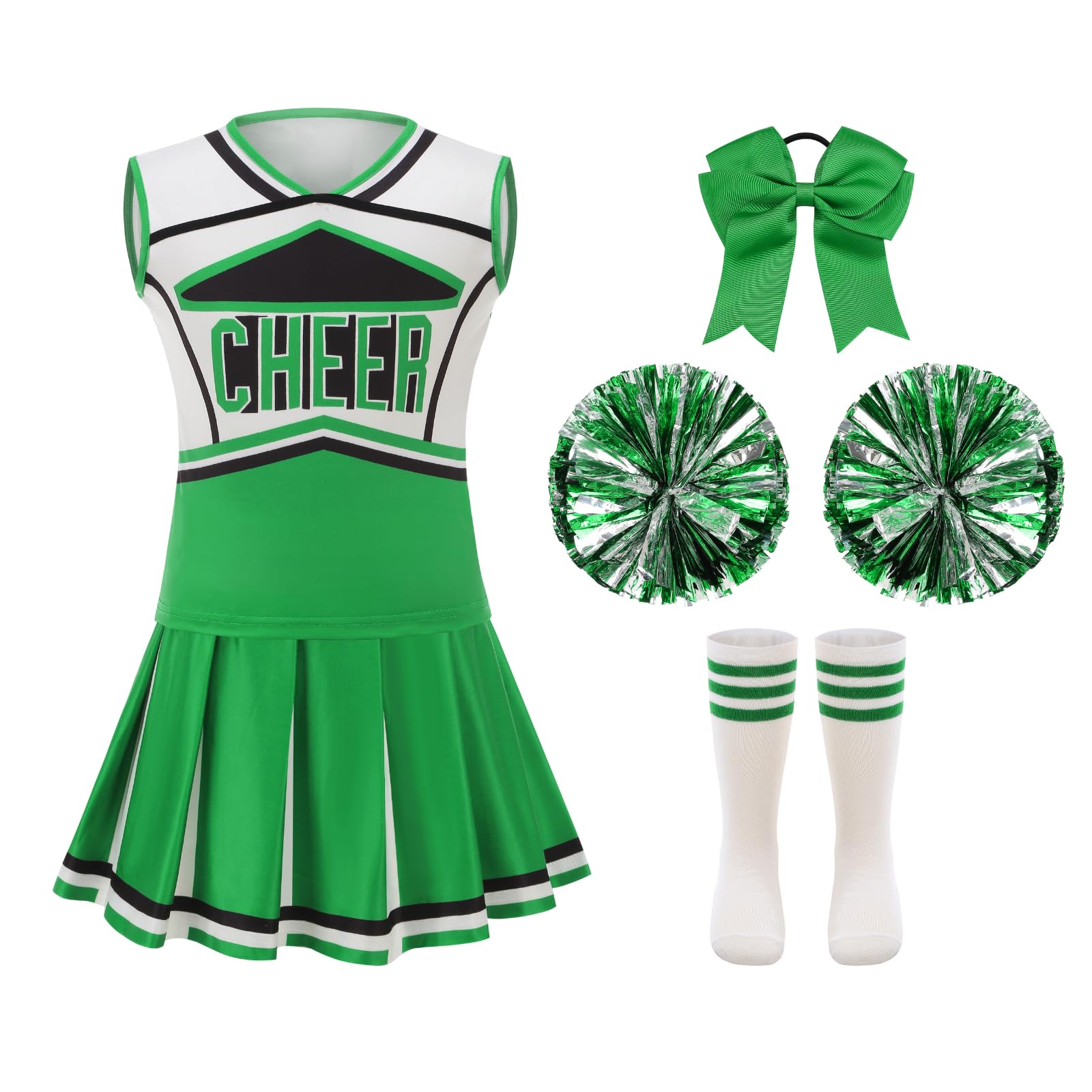 HAPNBCELE Cheerleader Costume for Girls, Cheerleading Outfit with Bow, Pom Poms, Socks, Kids Cheer Uniform Halloween Birthday Party Performance World Book Days 3-14 Years (Green, 10-11 Years)
