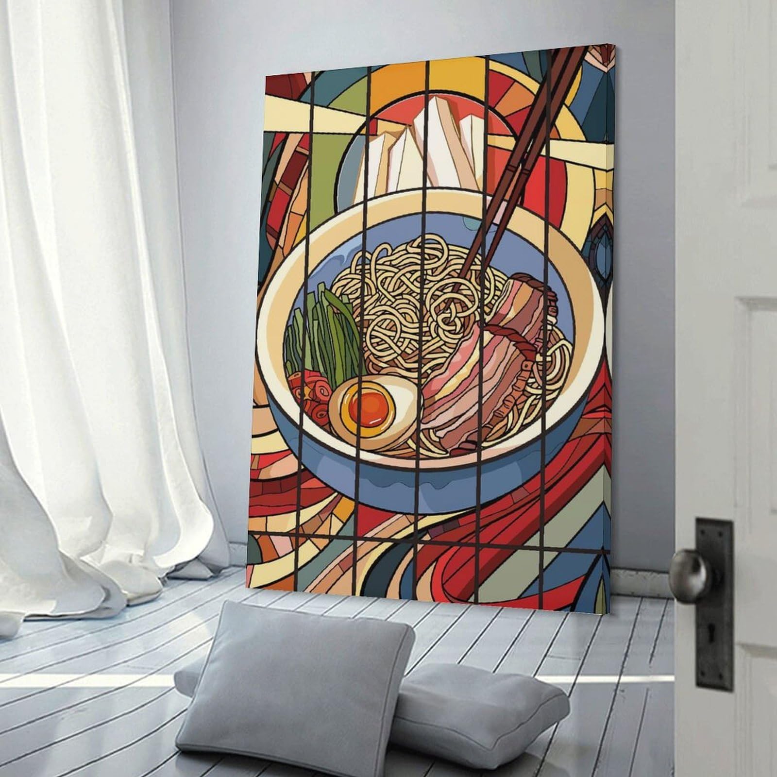 Junmoney Stained Glass Ramen Bowl Home Decor Wall Art 20x30inch(50x75cm), for Living Room, Bedroom Or Home Office, Decorative Present for New Homes
