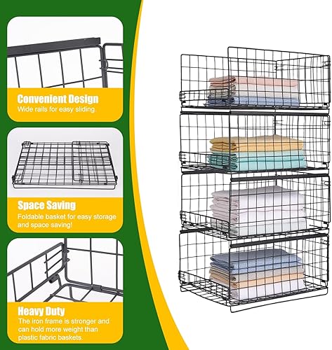Miniatura 3 de Cesta de almacenamiento de 4 niveles, organizadores de armario apilables, sistema organizador de estantes plegables para armario, ahorro de espacio,