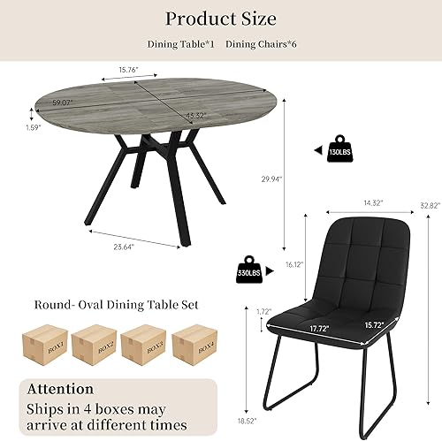 Miniatura 2 de Juego de mesa de comedor redonda extensible para 6 personas, mesa de cocina extensible de 43.3 a 59.1 pulgadas con 6 sillas tapizadas, ahorro de