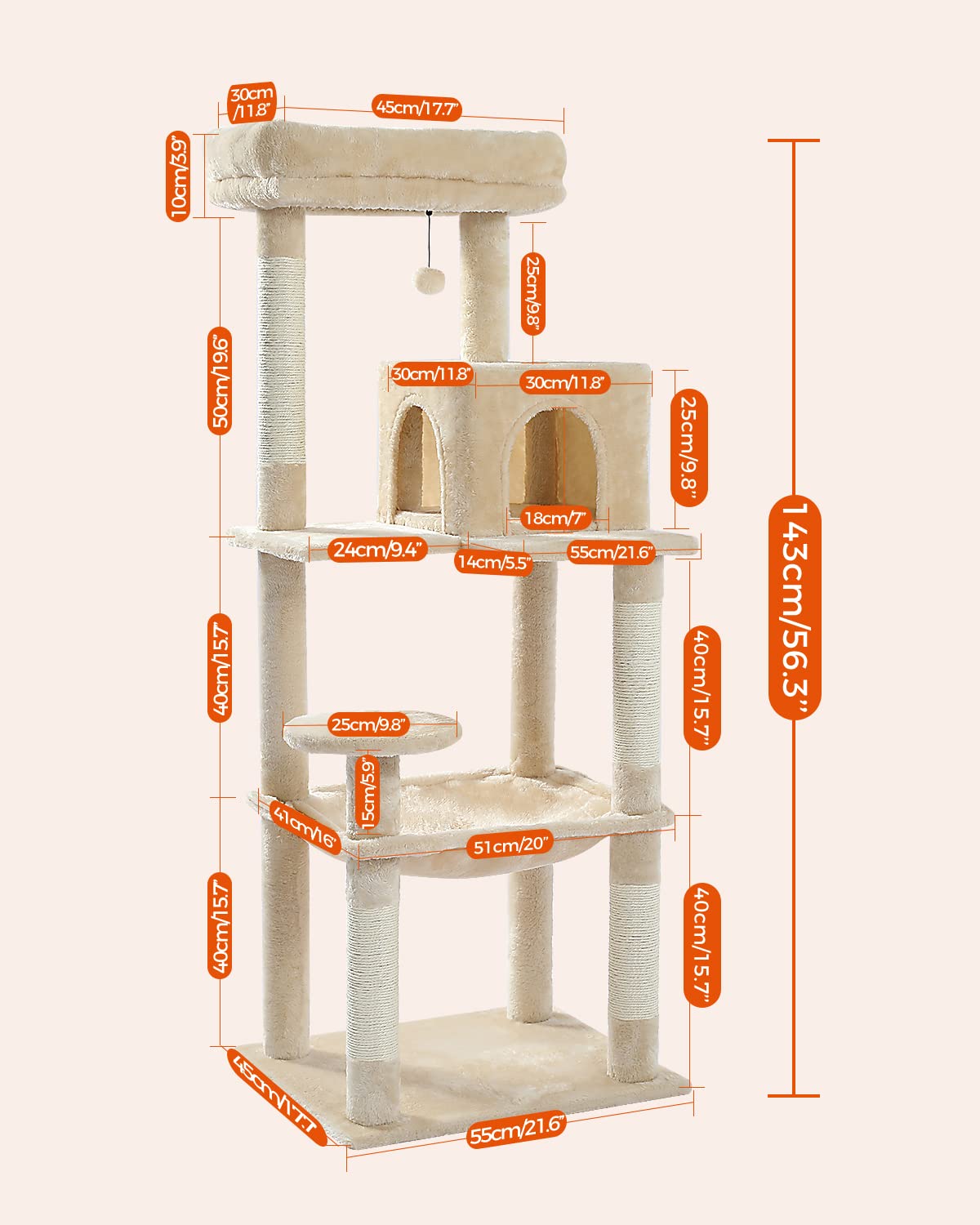 PAWZ Road Albero per gatti da 143 cm, con struttura in metallo, grande amaca per gatti da 143 cm, torre per gatti grandi con tiragraffi e posatoio superiore, centro attività multilivello da 1,4 m, con