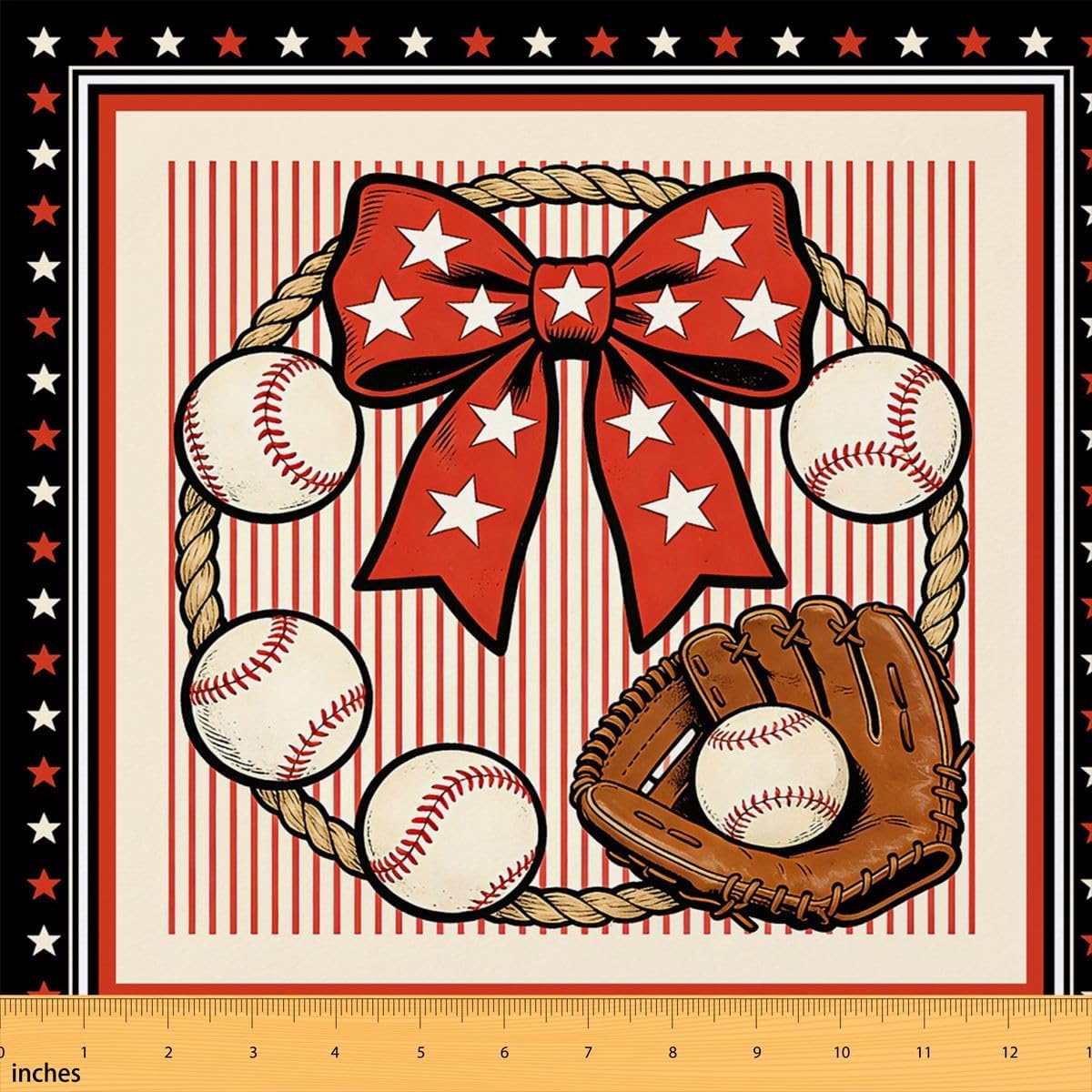 Homewish Kawaii Baseball Bow Fabric by The Yard,Stars Bows Stripe Glove Upholstery Fabric for Sewing Lover,Sports Outdoor Fabric Crafting Supplies,Light Red 3 Yard,108" L x 59" W