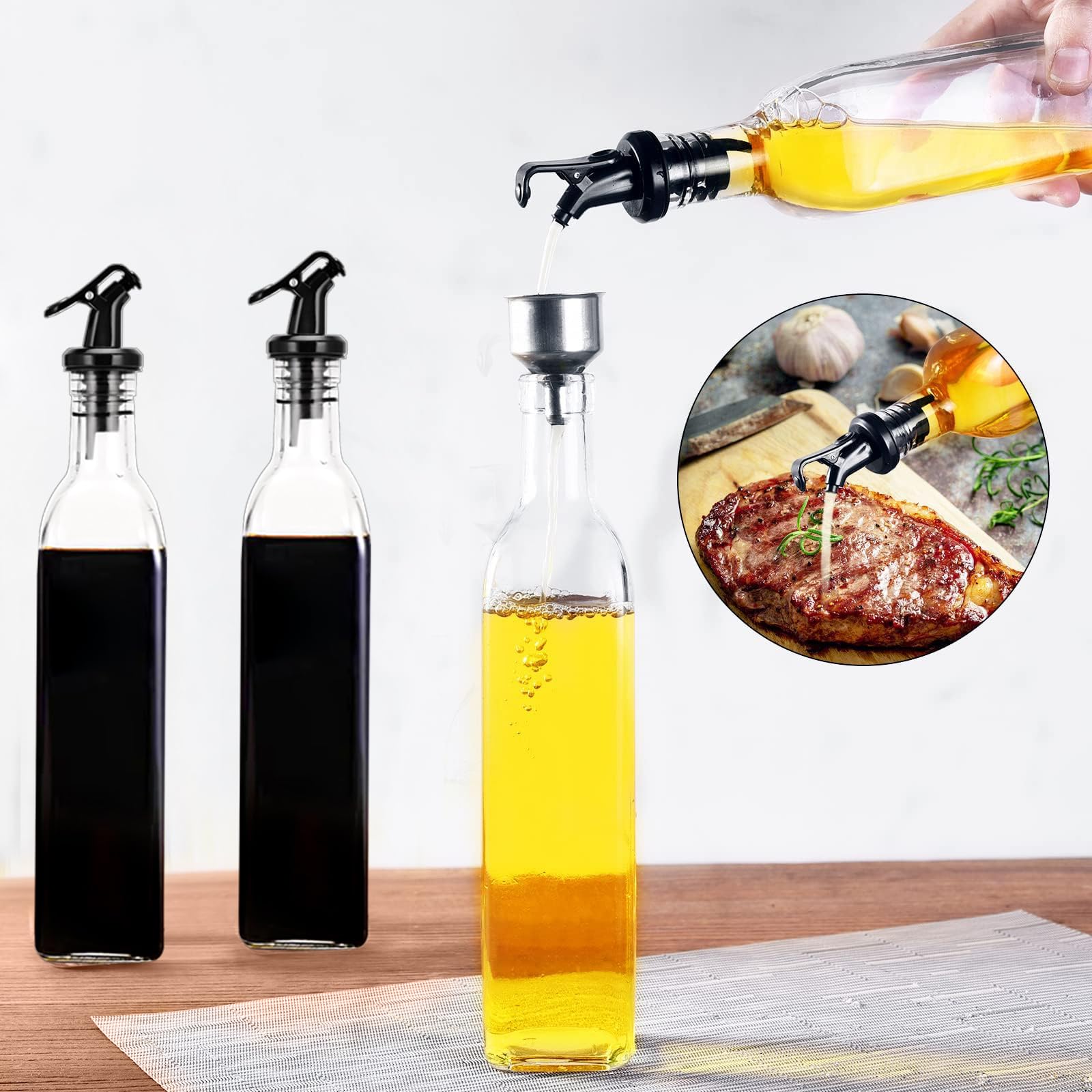 SAEIV Bottiglia per Olio 4x500ml con Portabottiglie Bambù Giallo Caldo, Dosatore Olio Vetro Borosilicato Alto, Oliera Salvagoccia Porta Olio Bottiglia Olio Bottiglie per Olio con Accessori Completi