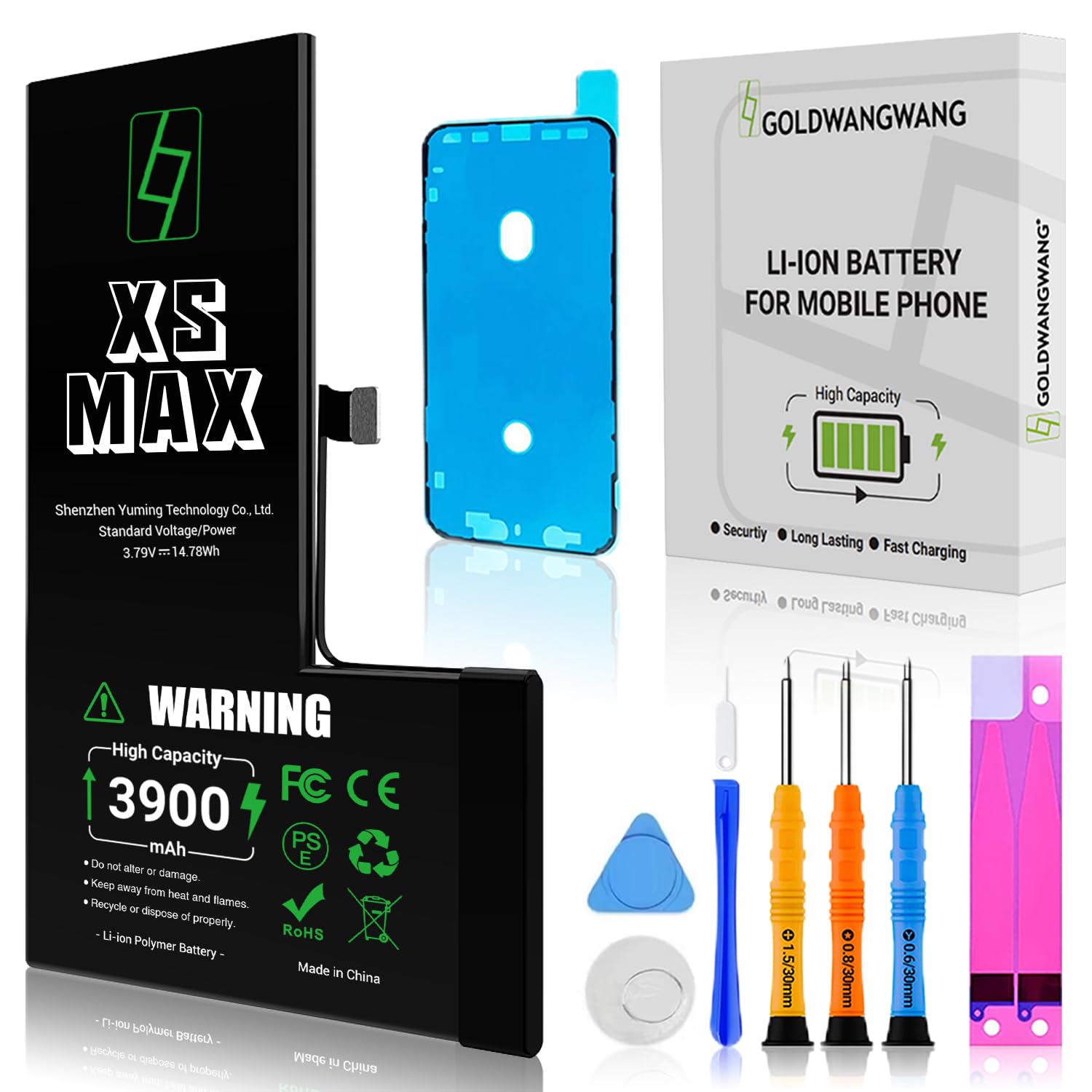 GOLDWANGWANG Batteria per iPhone XS Max, 3900mAh Alta Capacità, Compatibile con A1921 A2101 A2102 A2103 A2104, 0 Cicli, Kit di Riparazione Completo, Certificato CE/RoHS/FCC