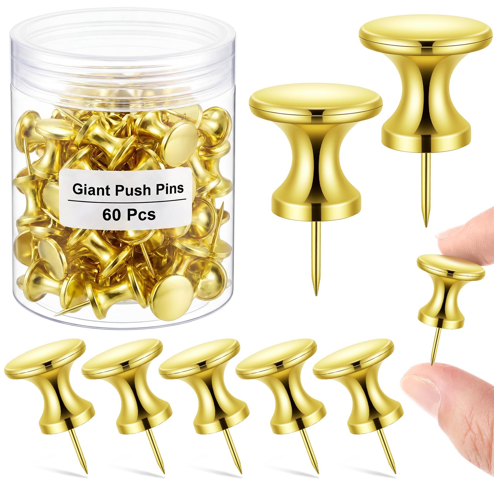 Outus 60 Pcs Giant Push Pins Jumbo Tacks 1 Inch Plastic Head for Cork Board Map Posters Decorations Gifts Under 10 Dollars(Gold Coating)