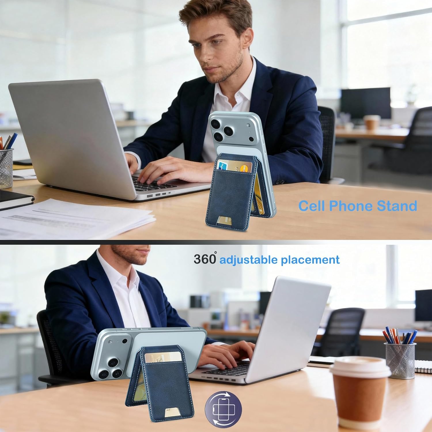 Strong Magnetic Wallet, Card Holder with Leather Stand RFID Blocking for iPhone 17/16/15/14/13/12 Series, Compatible with Magsafe Phones and Cases,Not for iPhone 13/12 Mini (Blue) - Image 5