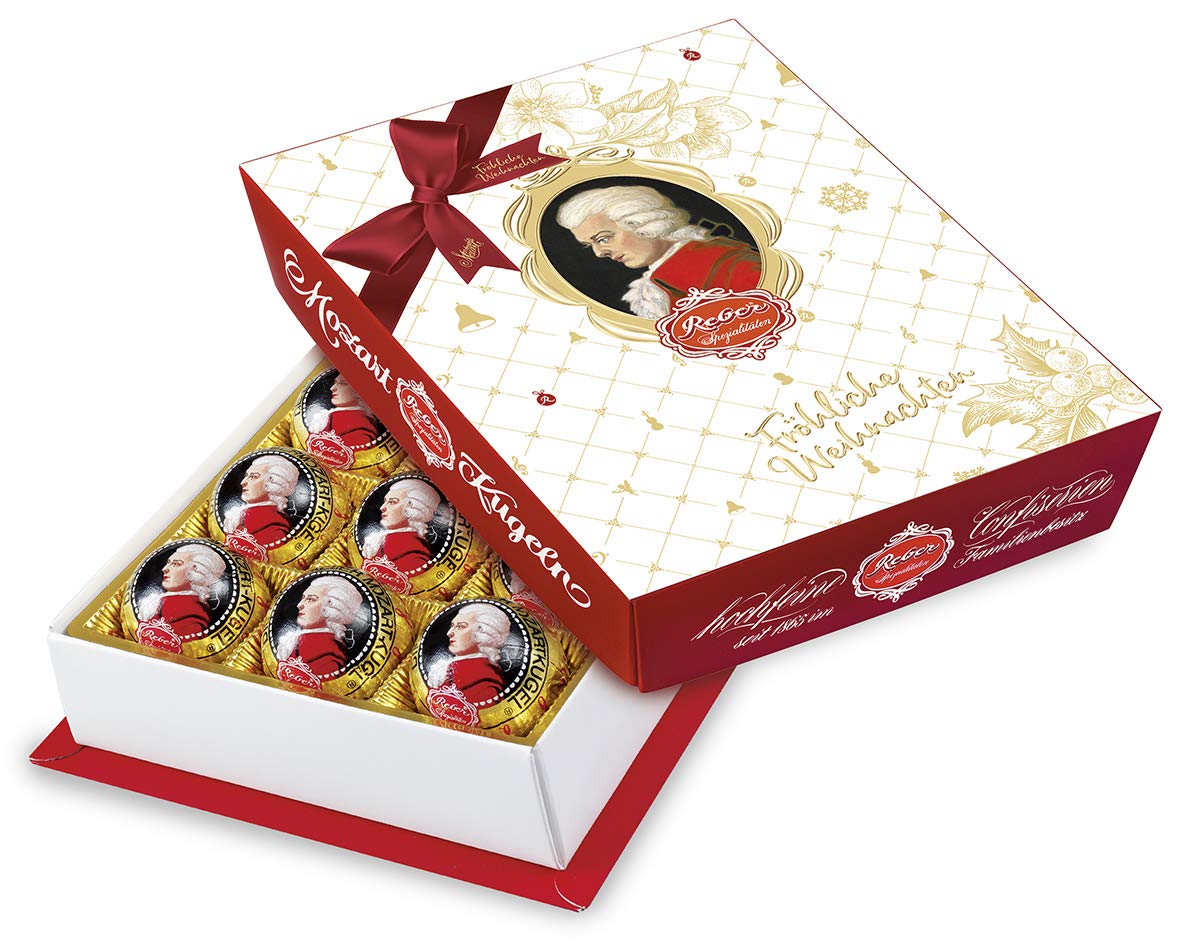 Reber Mozart-Barock – 12er Packung in der Weihnachts-Edition – Echte Reber Mozart-Kugeln aus Zartbitter-Schokolade, Marzipan und Nougat