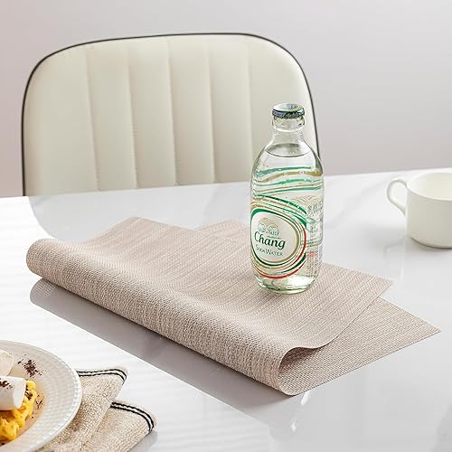 Miniatura 7 de LEXMORE Juego de 6 manteles individuales tejidos de vinilo/plástico para mesa de cocina para interiores y exteriores, lavables, manteles A-beige