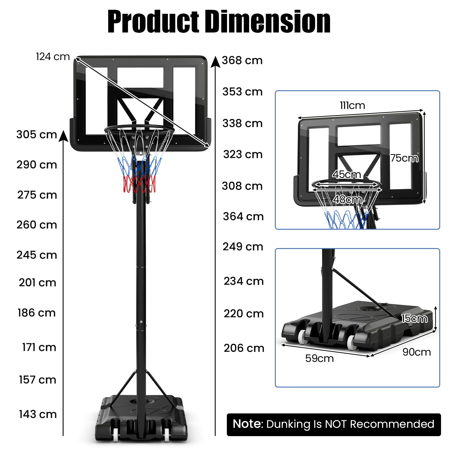 Canasta de Baloncesto Ajustable 143-305 cm con Ruedas y Base Rellenable