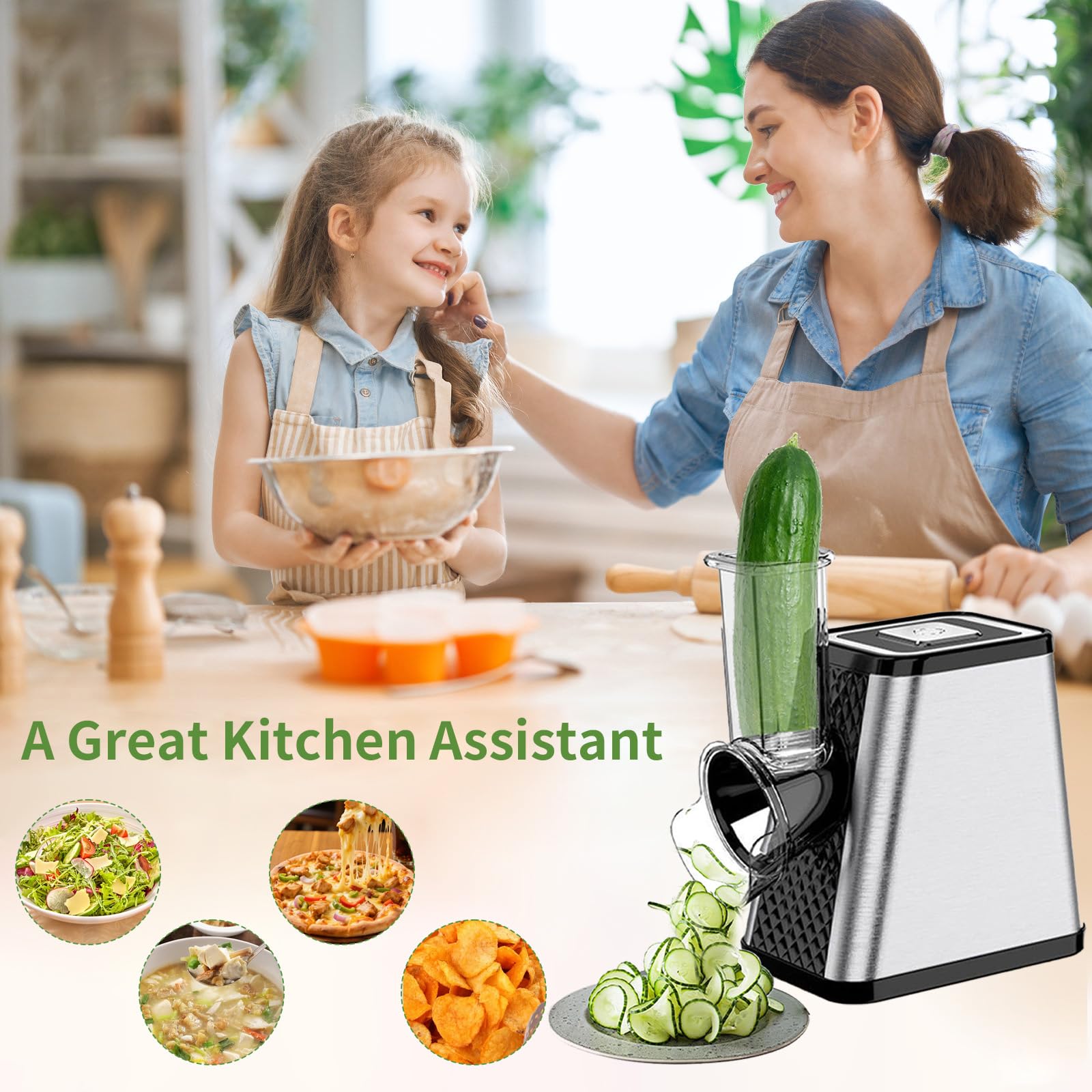 Cortador de verduras eléctrico 5 en 1, rallador de verduras profesional de acero inoxidable, multirallador de verduras para el hogar y la preparación de ensaladas, 500 W, rallador de cocina con 5