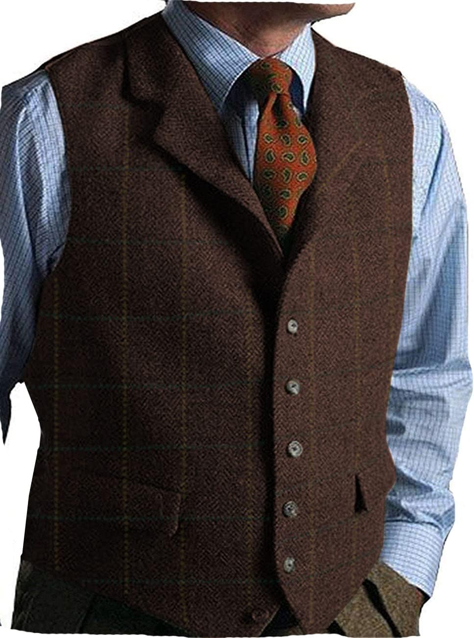 Mens Casual Plaid Suit Vest Tweed Slim Fit Waistcoat for Wedding Groomsmen