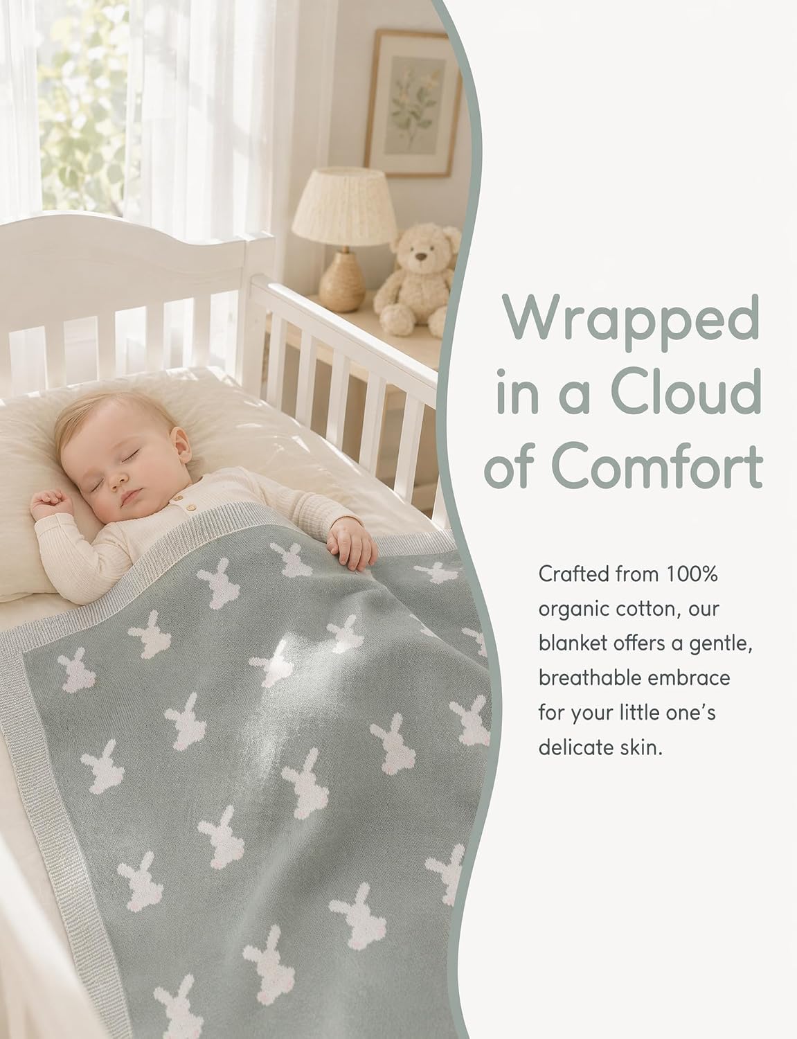 Organic Cotton Baby Blanket - Soft Luxury Knit Receiving Blanket for Newborns & Toddlers, Cozy Breathable Stroller Blanket with Pattern, Unisex, 30x40Inch（Bunny-Green）