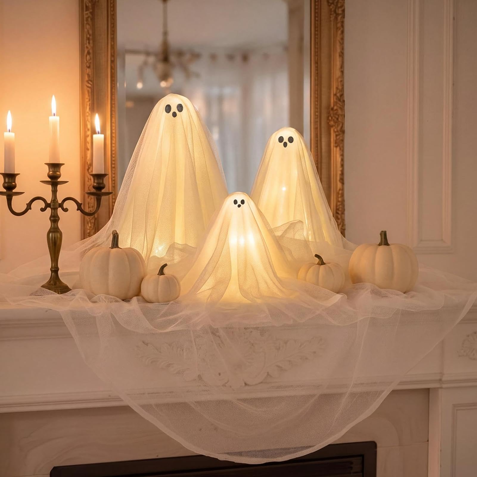 Halloween fantasma 3 pezzi illuminato Halloween Decor | Ghost, luce LED con base in legno, per feste, casa, ufficio, soggiorno, libreria, mensola