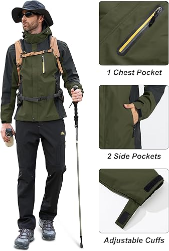 Miniatura 5 de MAGCOMSEN Chaqueta impermeable con capucha para hombre, resistente al viento, cortavientos, 5 bolsillos para senderismo, pesca, viajes