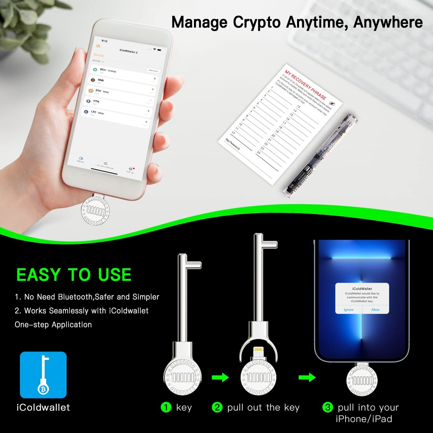 Cryptocurrency Hardware Wallet Works with iPhone iPad for Bitcoin,  Ethereum, ERC Tokens, Backup Key with Secure App, Easy to Manage:  Amazon.de: Computer & Accessories