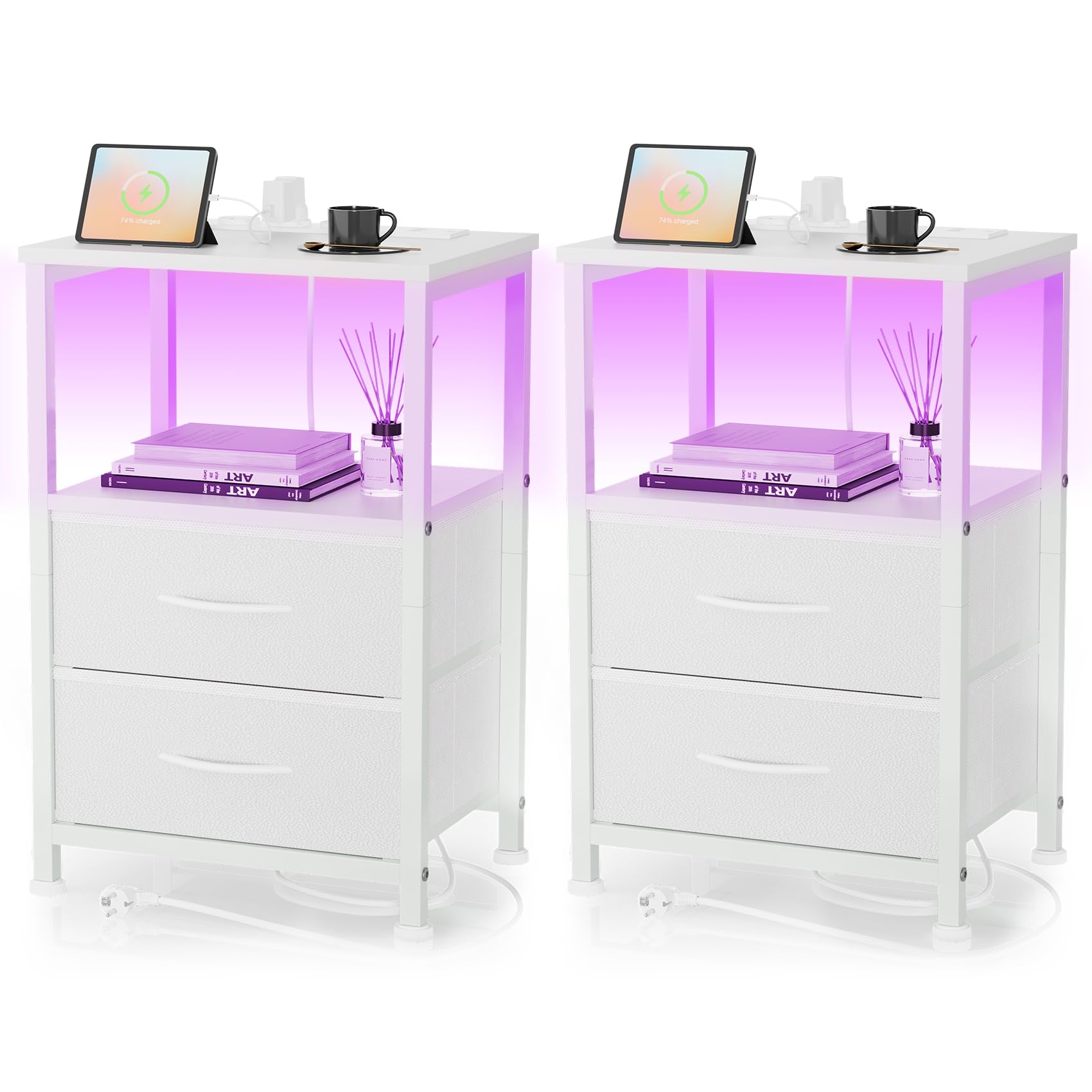Yornoli Nachttisch mit LED & Ladefunktion, Beistelltisch mit Schublade, Nachttische mit 3 AC-Anschlüsse & 2 USB-Anschlüssen, Beistelltische fürs Wohnzimmer, Schlafzimmer, Vintage Braun