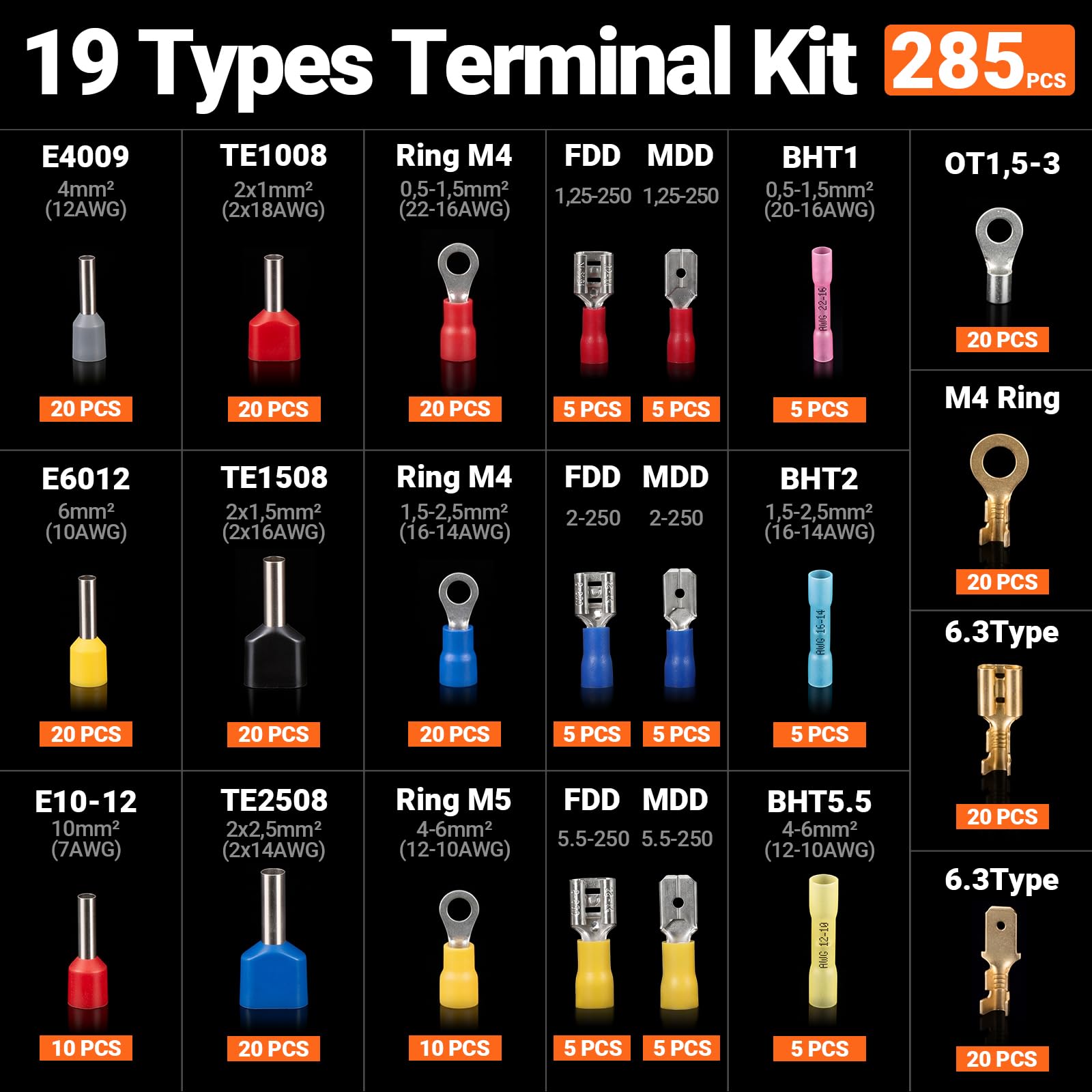 Preciva Kit d'Outils de Sertissage avec Dénudeur de Fils & 285 Cosses, 6 Mâchoires Interchangeables Pince à Sertir à Cliquet en Coffret, 0.25-10mm²(AWG 24-8) pour Travaux Domestiques, Automobiles