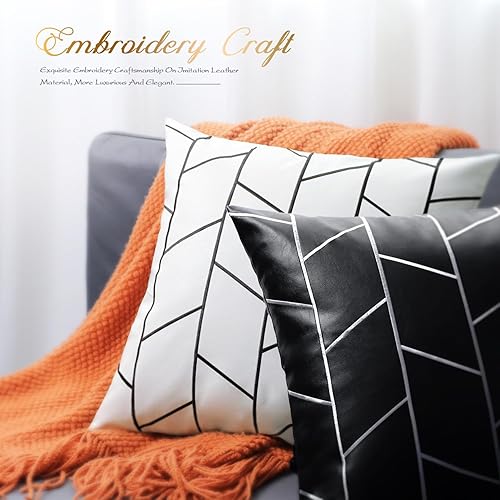 Miniatura 5 de BRAWARM Fundas de almohada de piel sintética de 20 x 20 pulgadas, fundas de almohada de cuero blanco y negro, paquete de 2, almohadas decorativas de