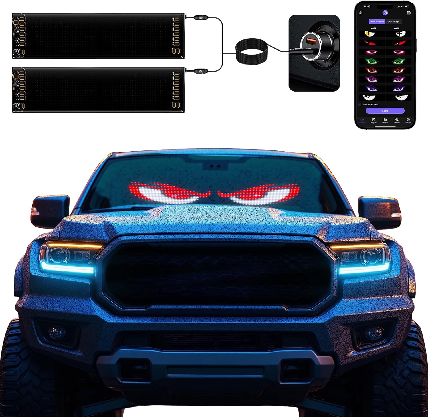 2 Pack LED Eyes for Car Windshield 14.56"x3.62", Programmable Animated Devil Eyes Light for Windshield, APP Control Customizable LED Matrix Display for Cars, SUVs