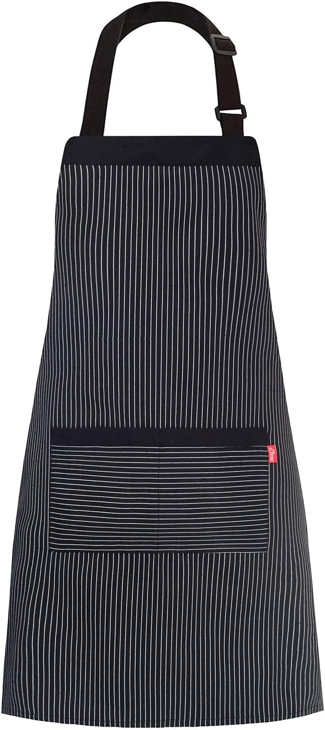Aprons for Women and Men, Kitchen Chef Apron with 2 Pockets and 40" Long Ties, Adjustable Bib Apron for Cooking, Serving - 32" x 28" - Black/White Pinstripe - 1 Pcs