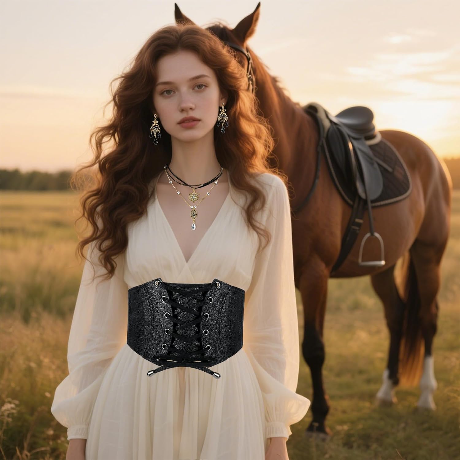 XEPST Renaissance Accessories Women Medieval Corset Belt, Layered Necklaces for Women, Black Dangle Earrings, Halloween Renaissance Pirate Costume Steampunk Accessories - Image 4