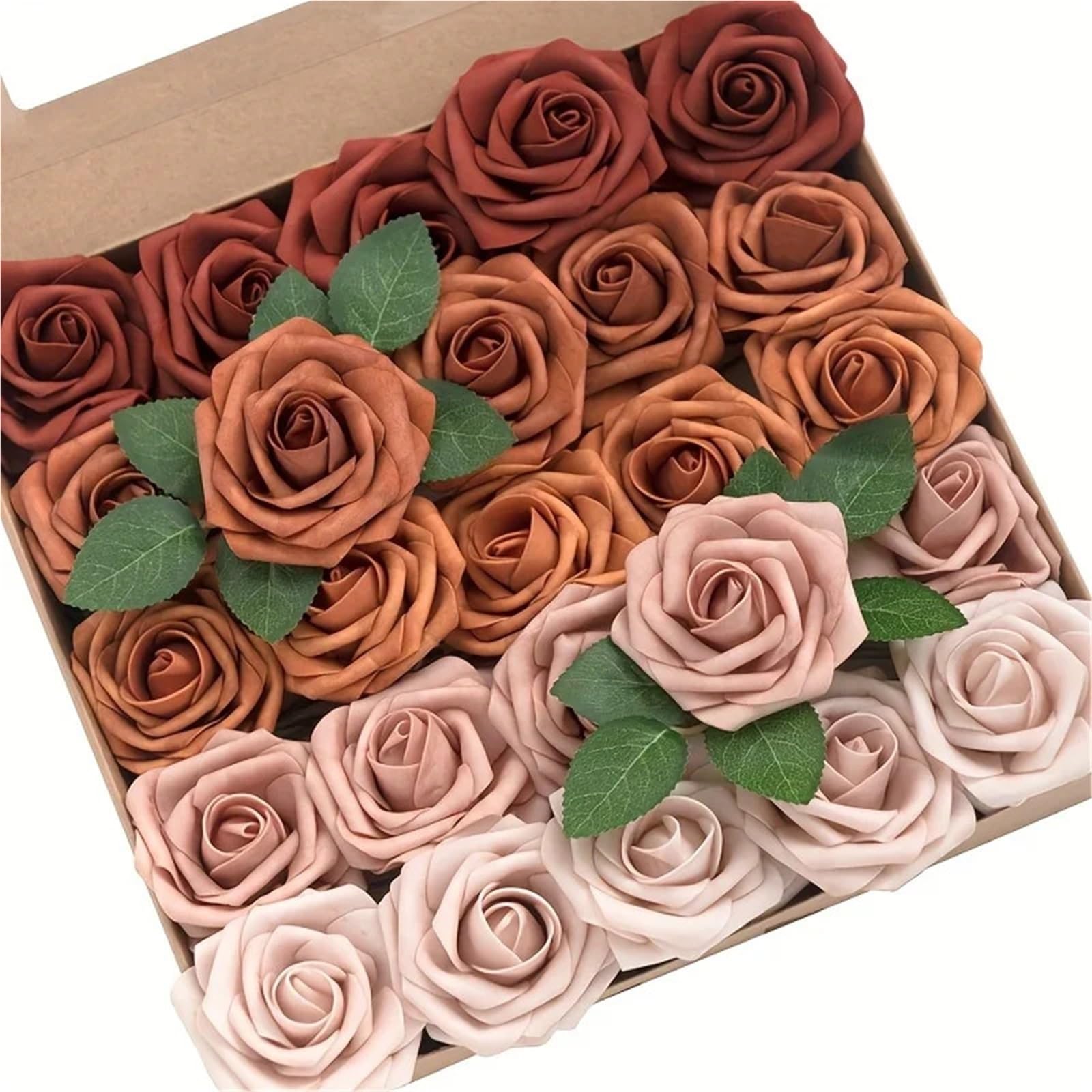 UBOHUZ 25pcs Artificial Flowers Real Looking Terracotta Ombre Colors Foam Fake Roses With Stems For DIY Wedding Bouquets Bridal Shower for Wedding Bridal Bouquet
