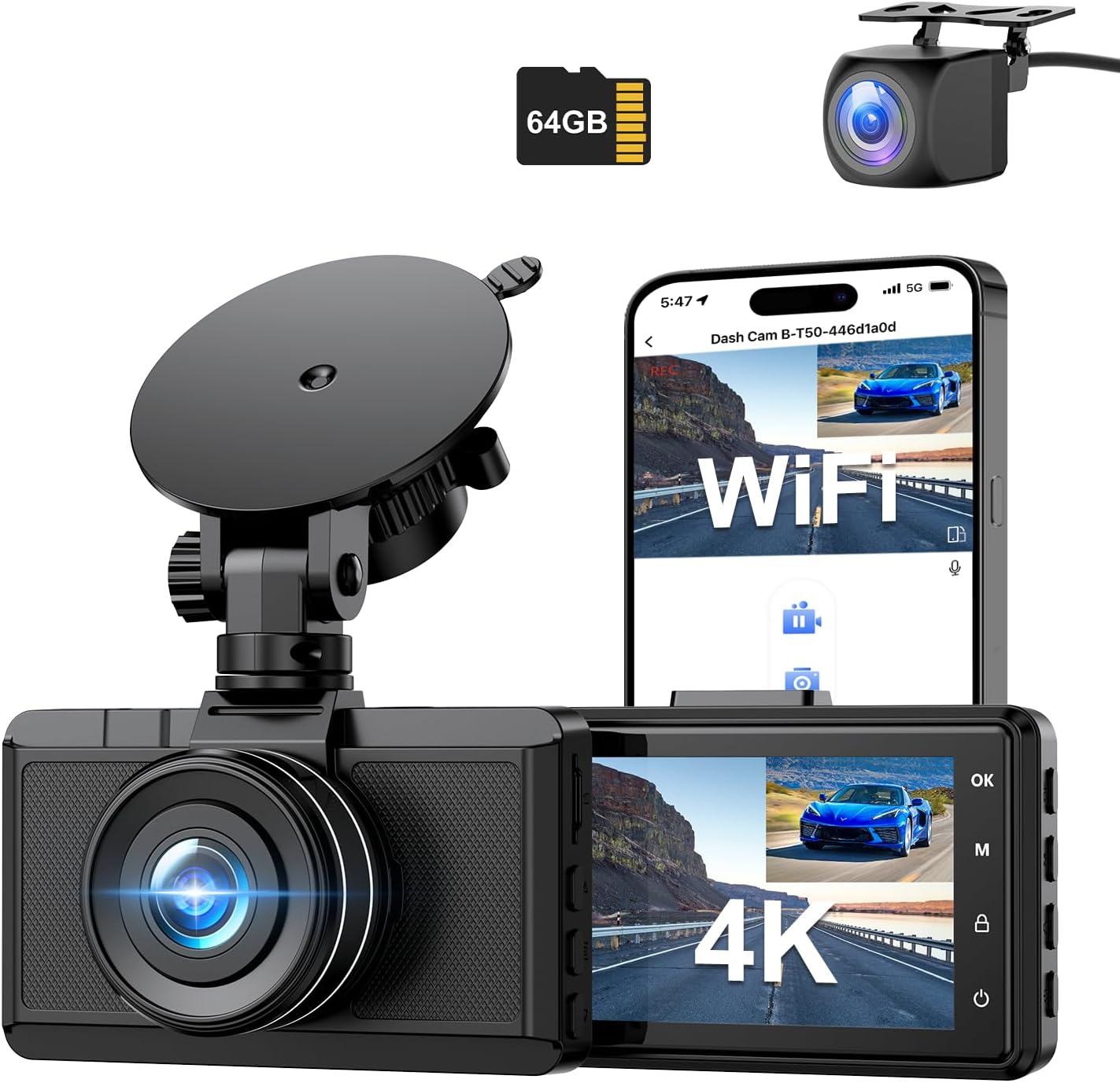 Dashcam Car Front Rear 4K+1080P B-T50U