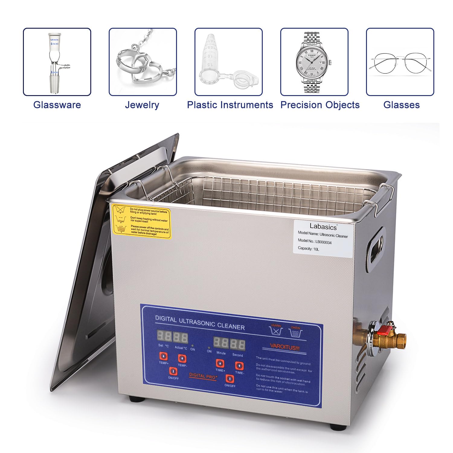 Labasics Pulitore ad Ultrasuoni, Pulitore ad Ultrasuoni Acciaio Inox Professionale Multiuso con Timer Display Digitale e Controllo del Calore per Laboratorio 220V, 10L