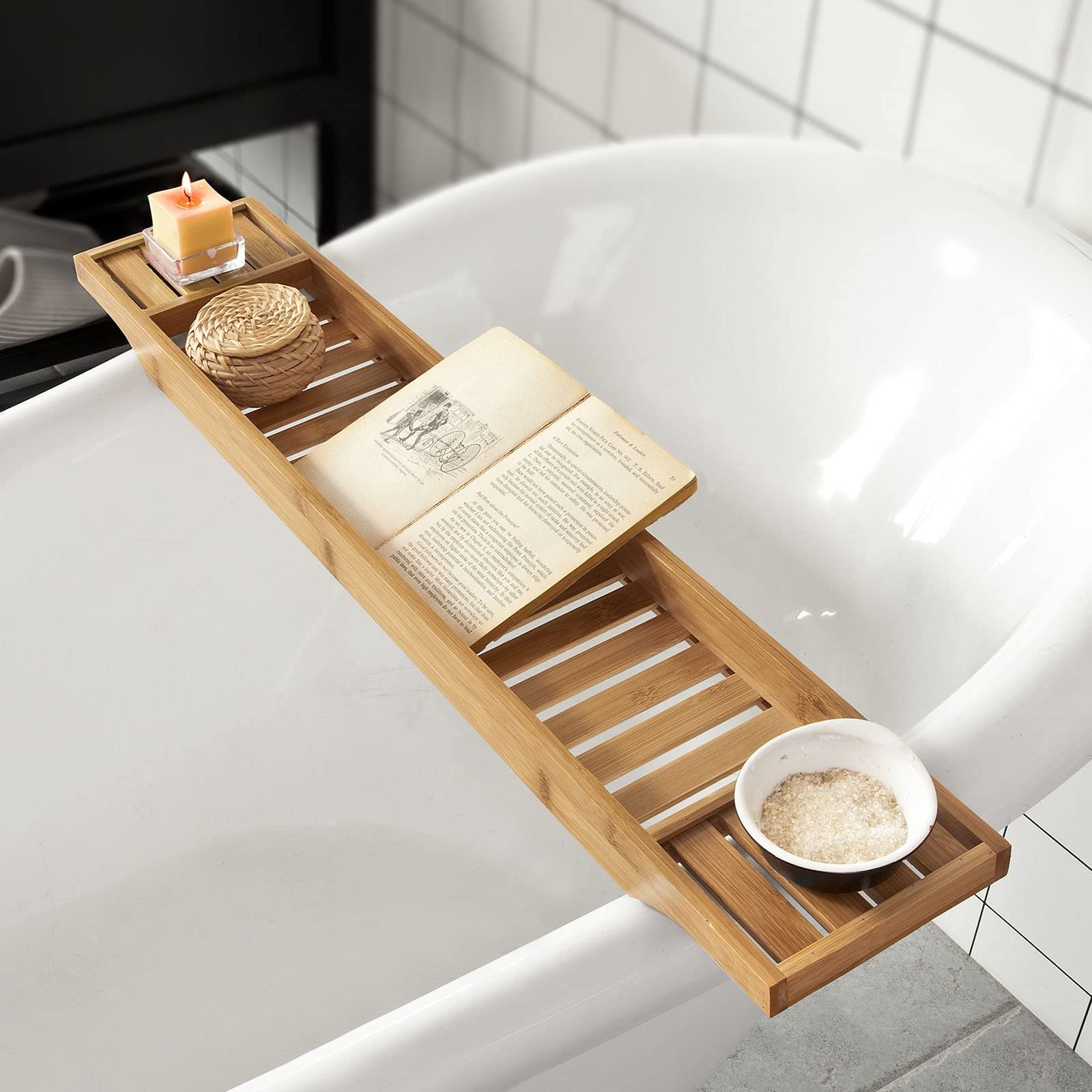 SoBuy Plateau de Baignoire en Bambou 80 cm – Pont de Baignoire en Bois – Extra Long & Vernis pour Grandes Baignoires, Support Verre de Vin & Emplacement Bougie FRG212-N