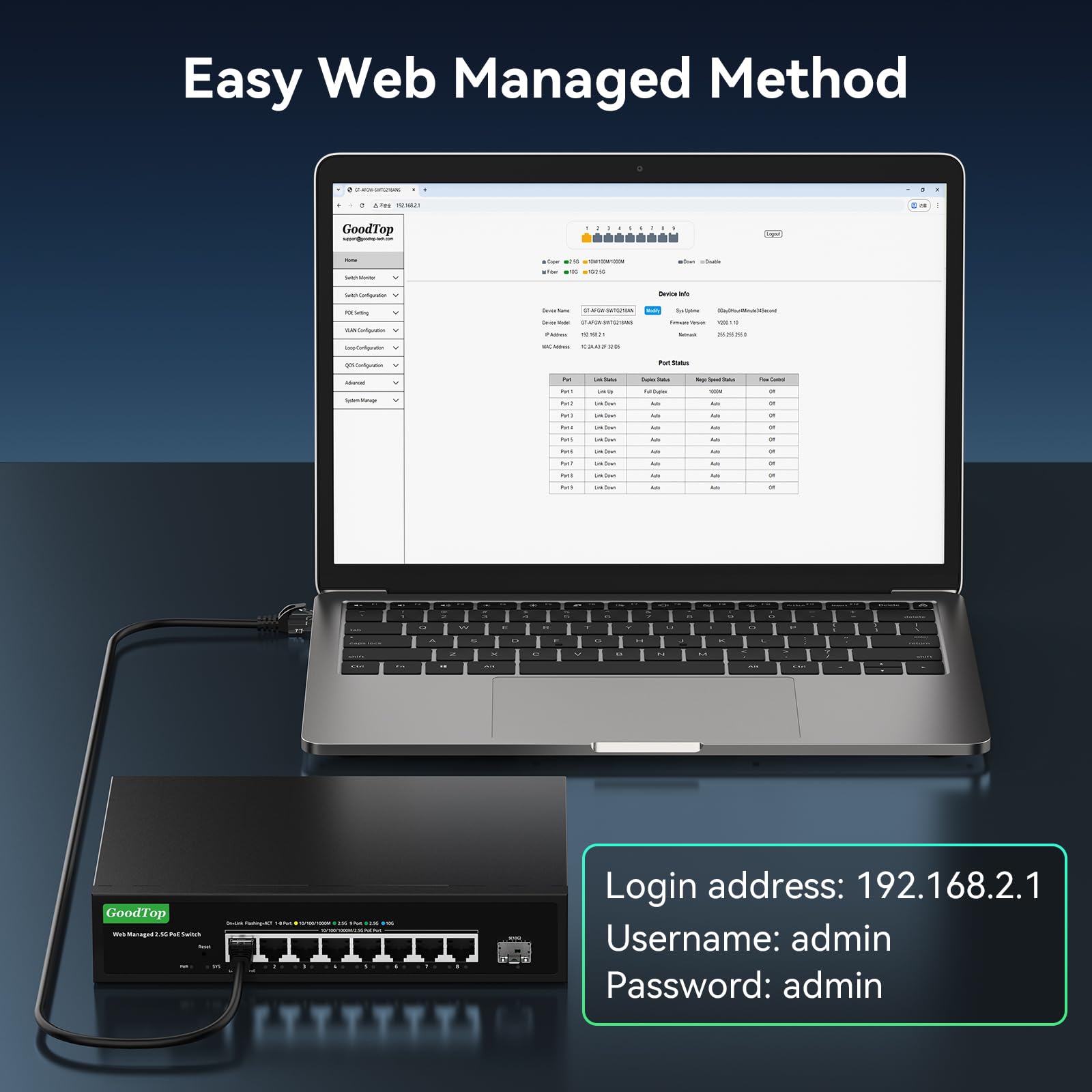 Switch PoE+ a 8 porte @135W, 8 x 2.5GBase-T e 1 x 10 Gb SFP+, switch da 2,5 Gb gestito per laboratorio domestico, Aggregazione VLAN/Link Aggregation/QoS/DHCP, alloggiamento in metallo, senza ventola