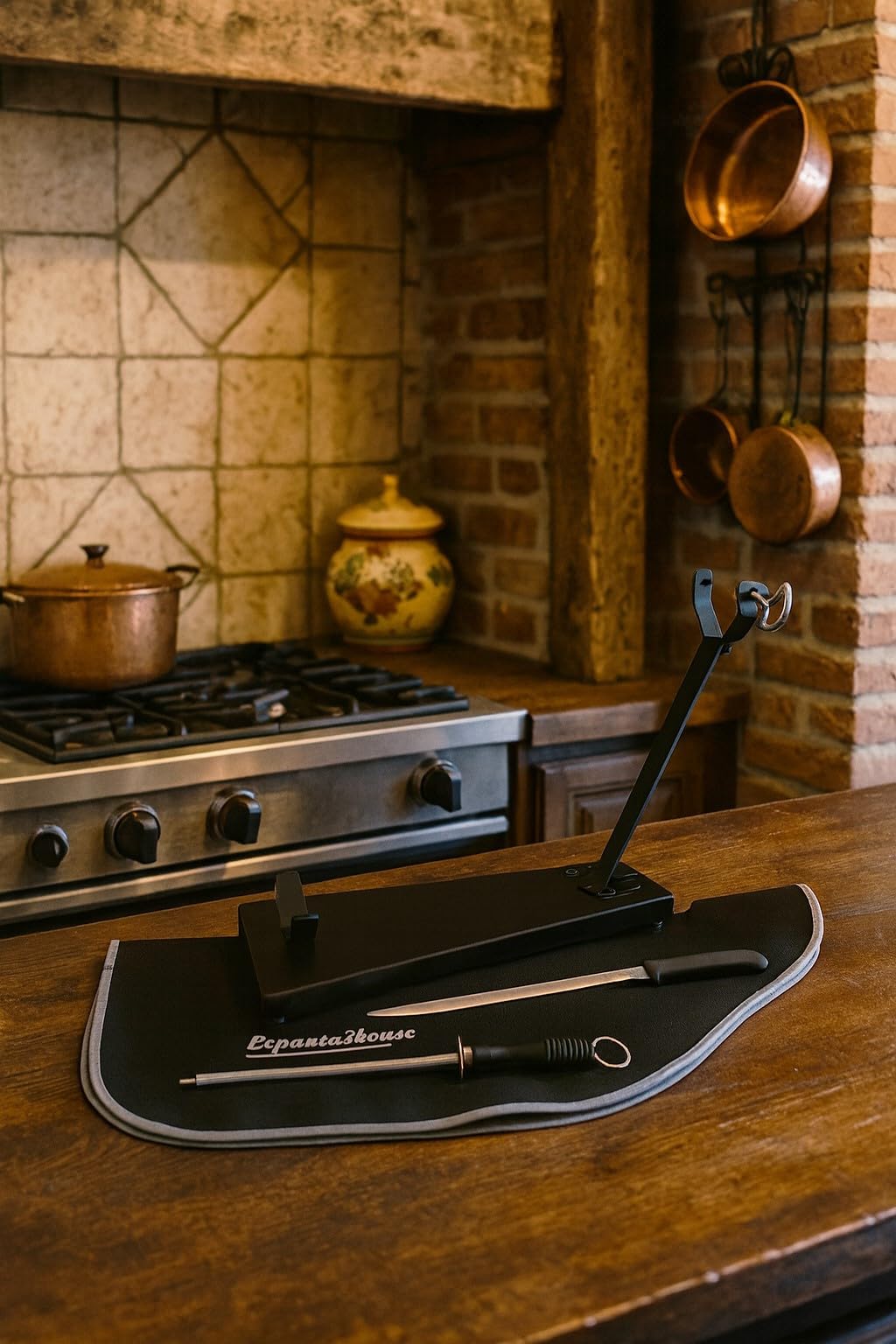 LEPANTO Jamonero Plegable Oscuro mas Set de Corte con Cuchillo, chaira y Cubre jamón, Soporte jamonero para Jamónes y Paletillas.