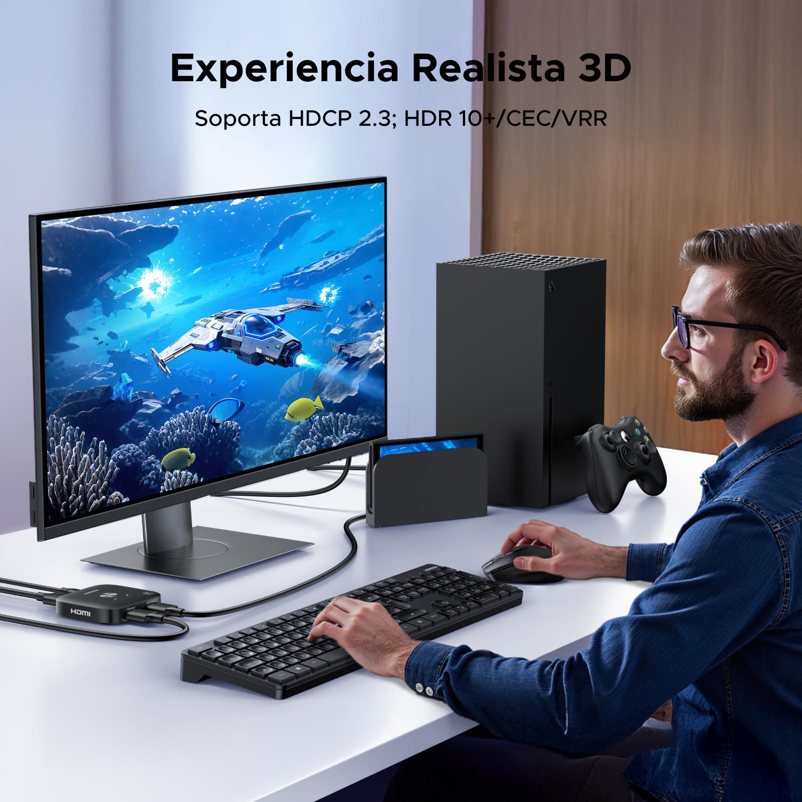 UGREEN Switch HDMI 2.1 8K 60Hz 4K 240Hz 2 Entradas 1 Salida Conmutador HDMI Alta Resolución Soporta HDR VRR Dolby Atmos Compatible con PC PS5 PS4 Xbox One Serie X TV Box Proyector Monitor
