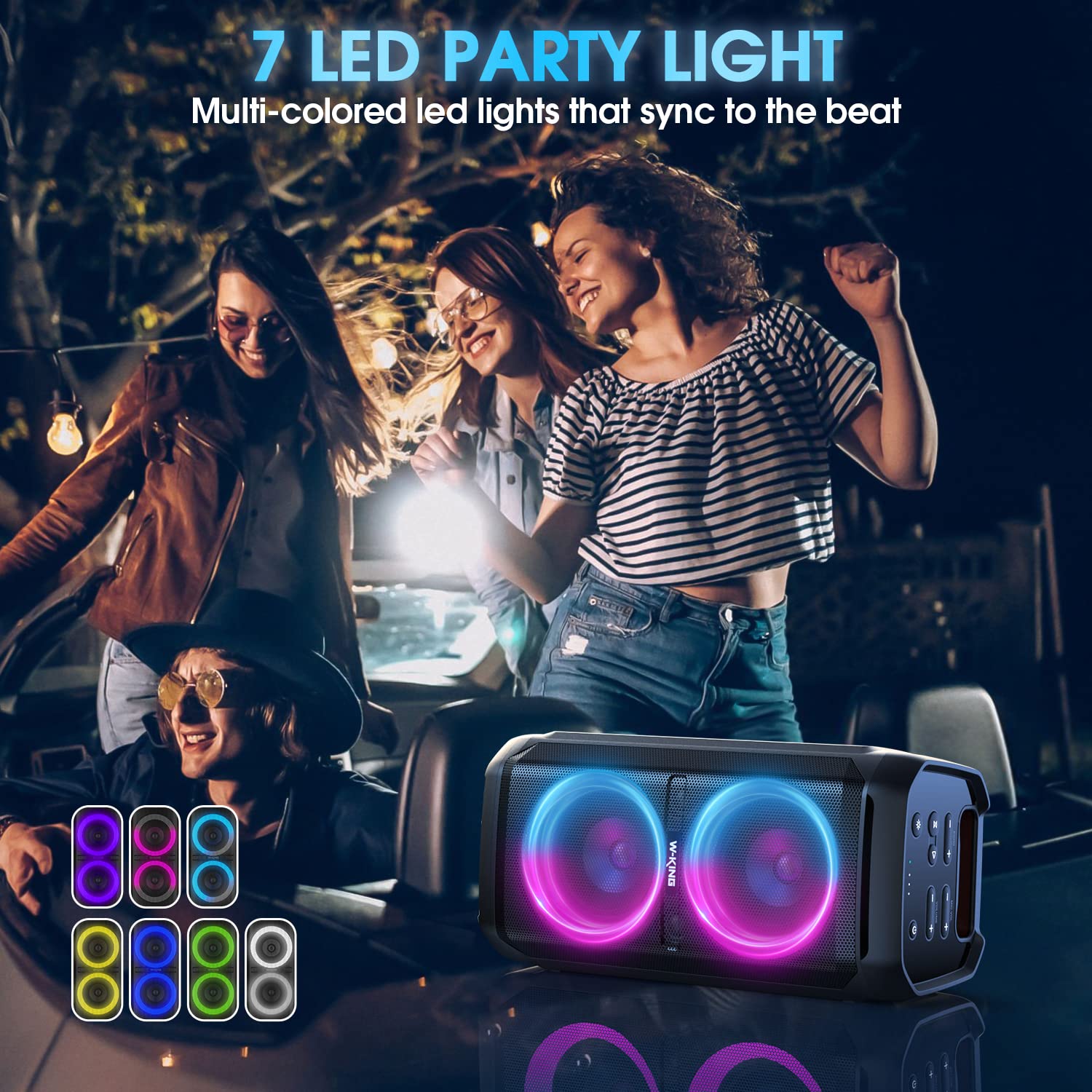 W-KING 100W Bluetooth Speakers V5.3, IPX6 Waterproof Portable Loud Speaker with Deep Bass/110dB Huge Sound/DSP, Karaoke Outdoor Boombox with Lights/Mic & Guitar Port/Echo/USB Port/EQ/Adapter Included