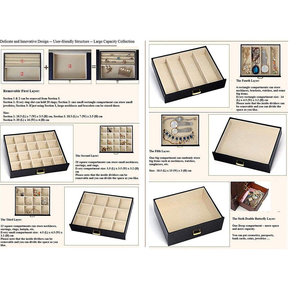 Caja de Almacenamiento de Joyas de Cuero Negro para Collares. Ofrece Cuatro Capas con Cierre de Seguridad para Guardar Joyas.